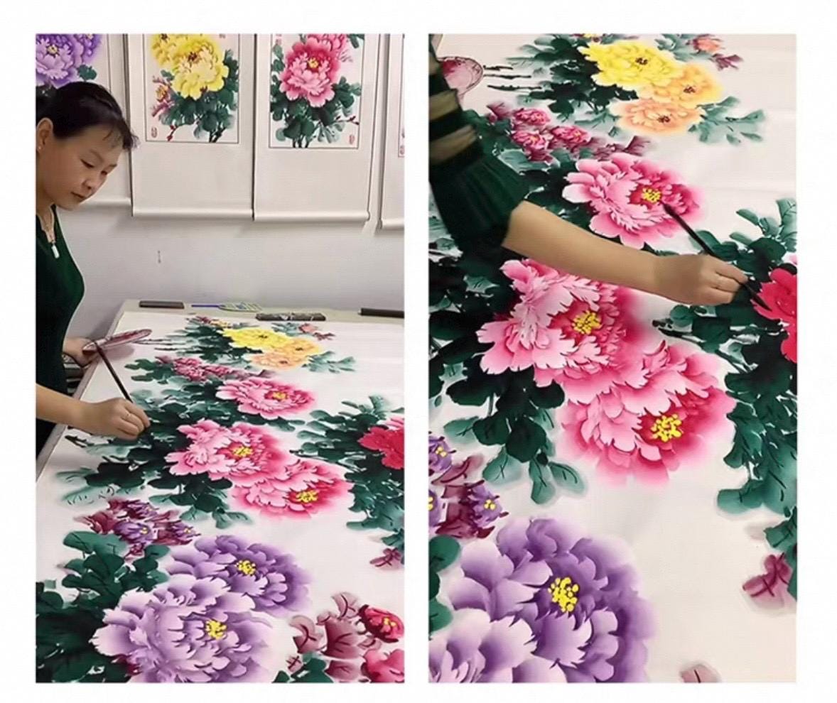 Hand-Painted Peony Painting “Blooming Wealth & Harmony” on Xuan Paper | Chinese Ink Art | 54×27 in Original