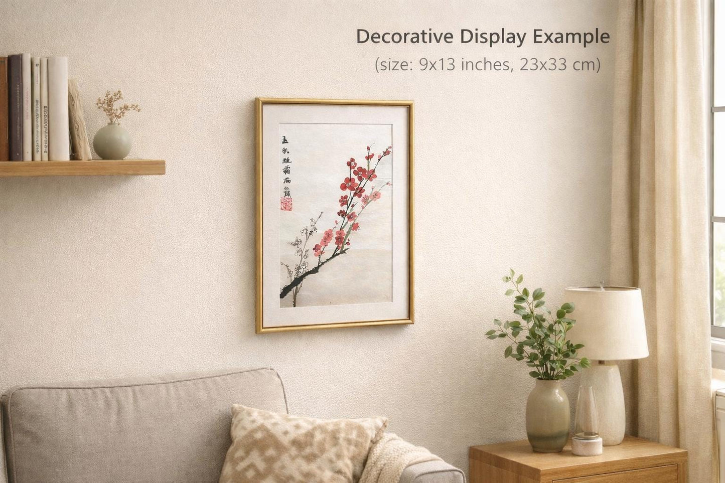 Framed plum blossom Chinese ink painting displayed as Eastern wall art in a calm interior