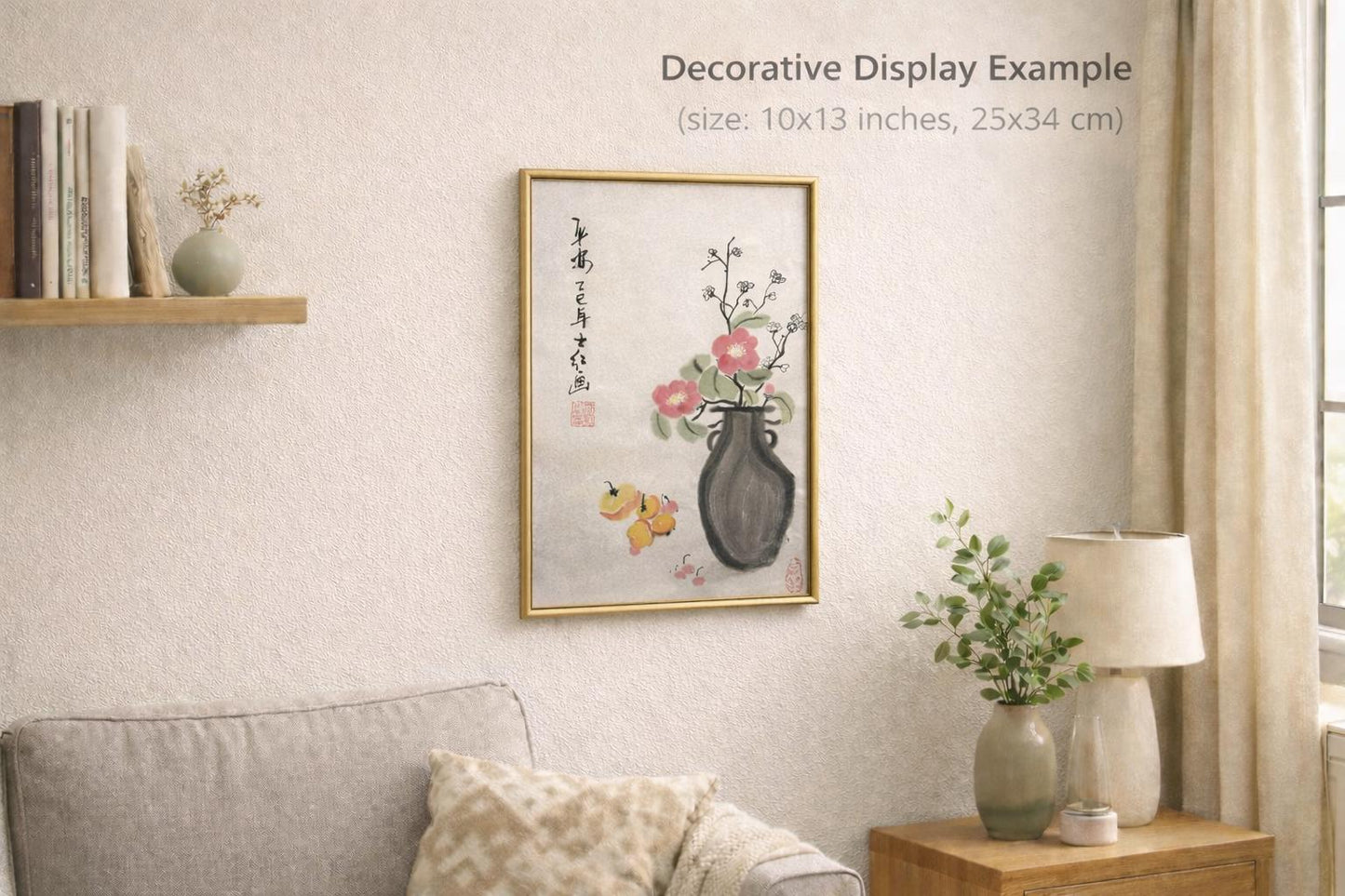 Original Chinese Ink Floral Vase Painting, Hand Painted Still Life Wall Art on Rice Paper, 10 x 13 Inches