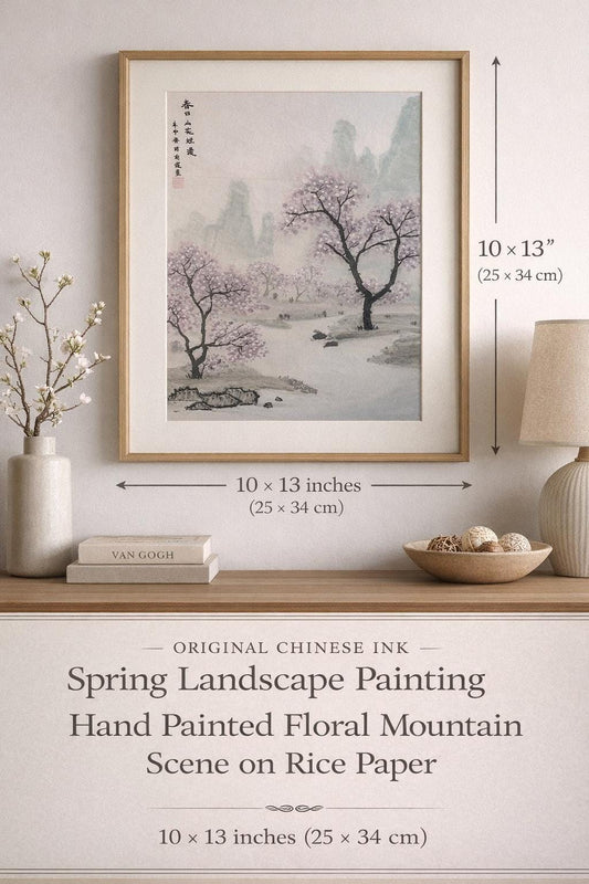 Original Chinese Ink Spring Landscape Painting, Hand Painted Floral Mountain Scene on Rice Paper, 10 × 13 Inches
