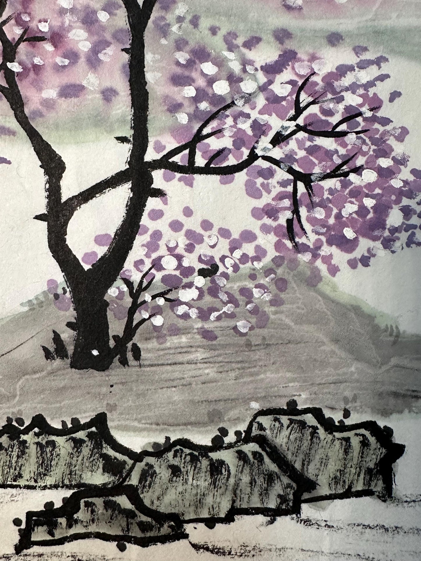 Original Chinese Ink Spring Landscape Painting, Hand Painted Floral Mountain Scene on Rice Paper, 10 × 13 Inches