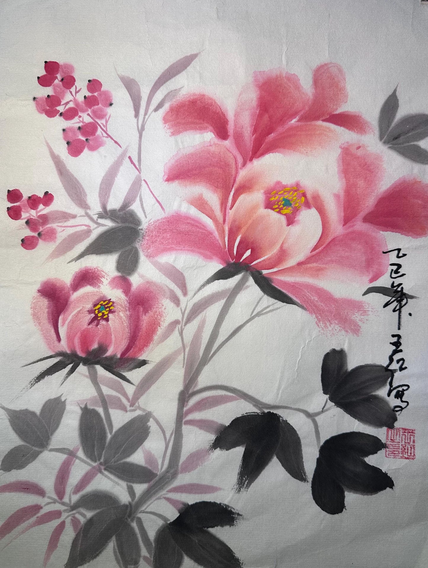 Framed pink blossom Chinese ink painting displayed as Eastern wall art in a calm interior