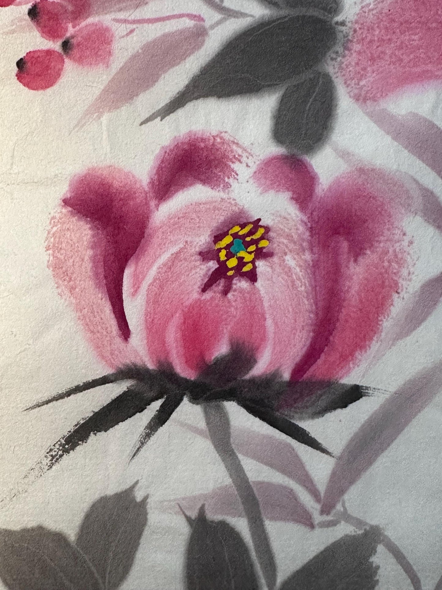Original Chinese Ink Floral Painting, Hand Painted Pink Blossom on Rice Paper, Spring Flower Wall Art, 10 × 13 Inches