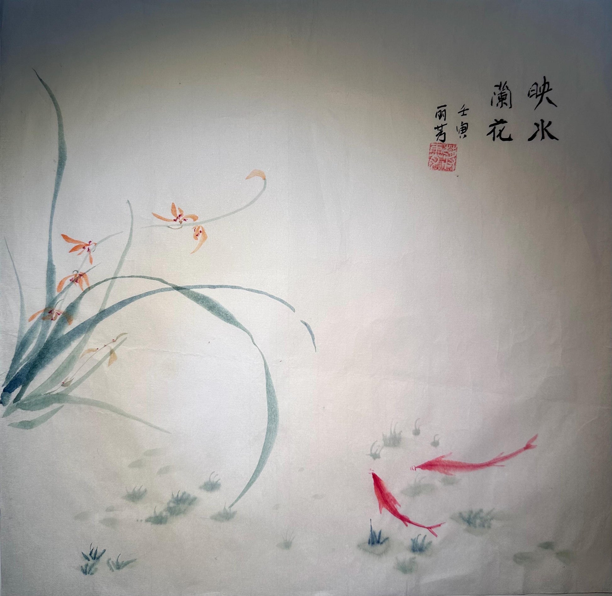 Framed orchid Chinese ink painting displayed as Eastern wall art in a calm interior