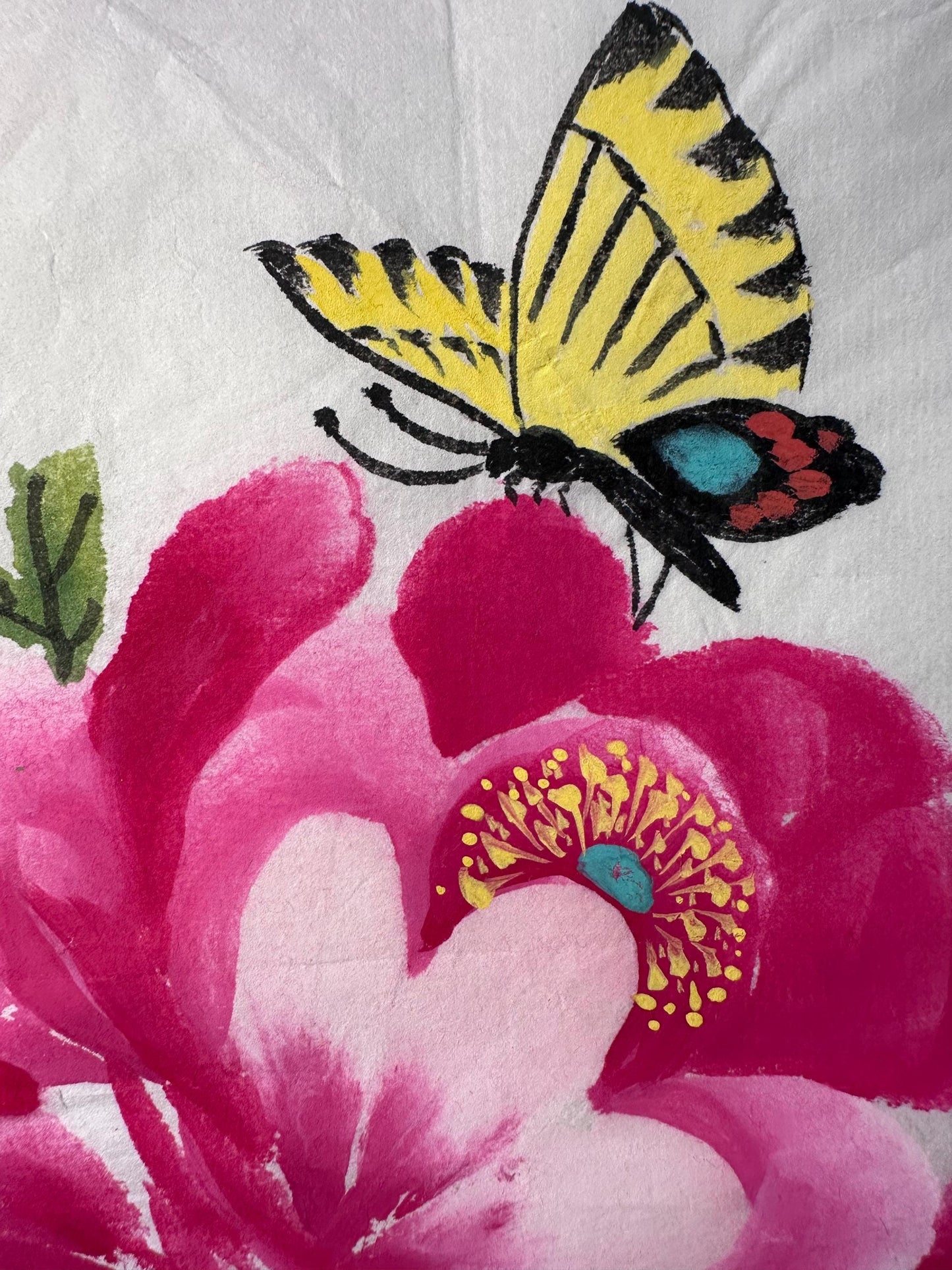 Original Chinese Ink Floral Painting “Butterfly in Love with Blossoms”, Hand Painted Peony Art on Rice Paper, Square Wall Art, 13 x 13 in