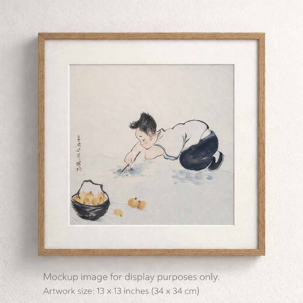 Original Chinese Ink Figure Painting, Child at Play, Hand Painted on Rice Paper, Square Format, 13 × 13 Inches
