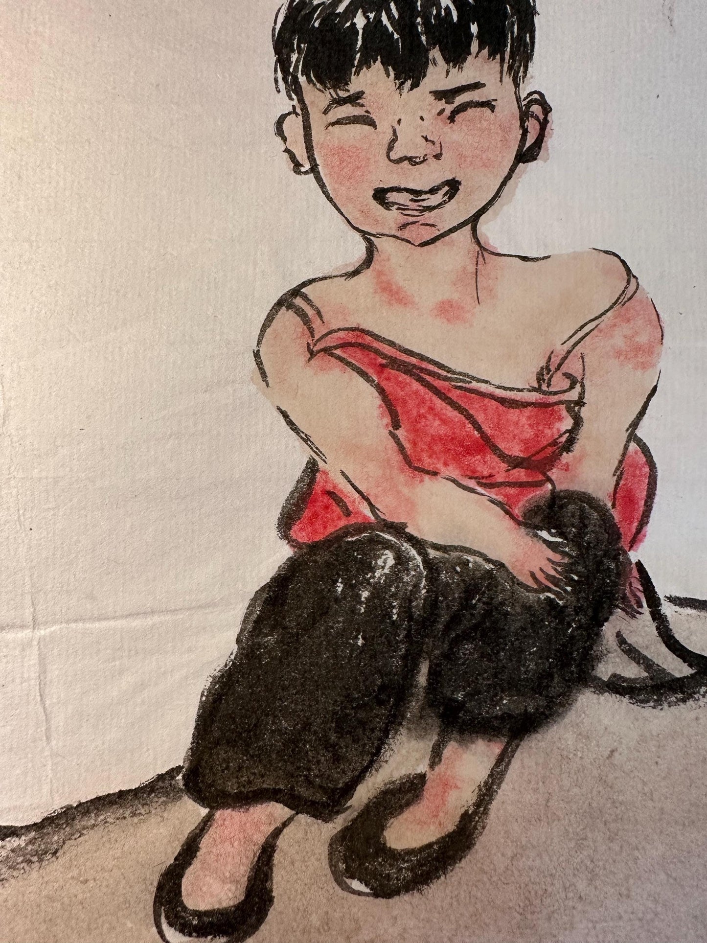 Original Chinese Ink Figure Painting, Playful Child with Lotus, Circular Composition, Hand Painted on Rice Paper, 13 Inches