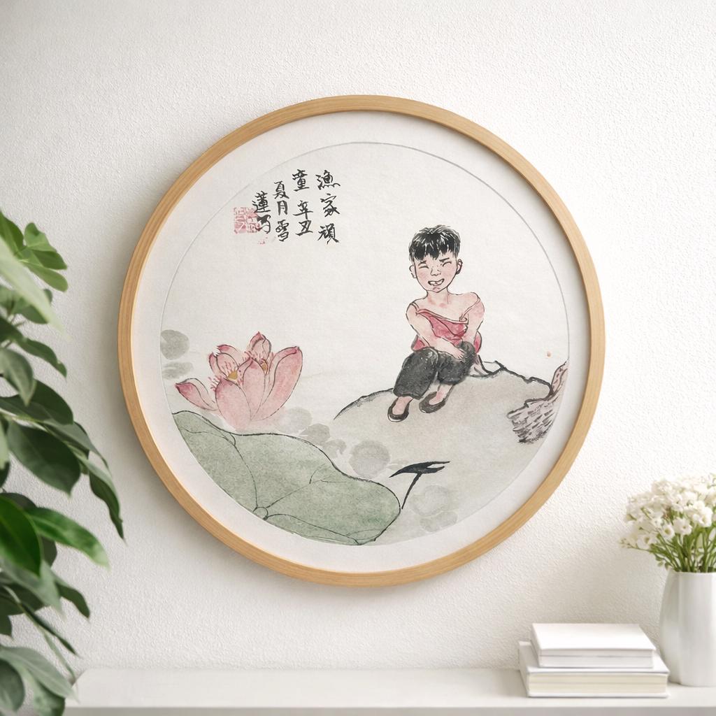 Original hand painted child with lotus figure Chinese ink painting on rice paper