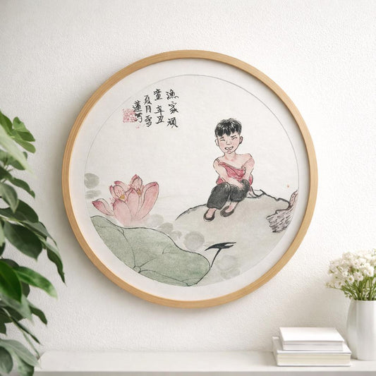 Original hand painted child with lotus figure Chinese ink painting on rice paper