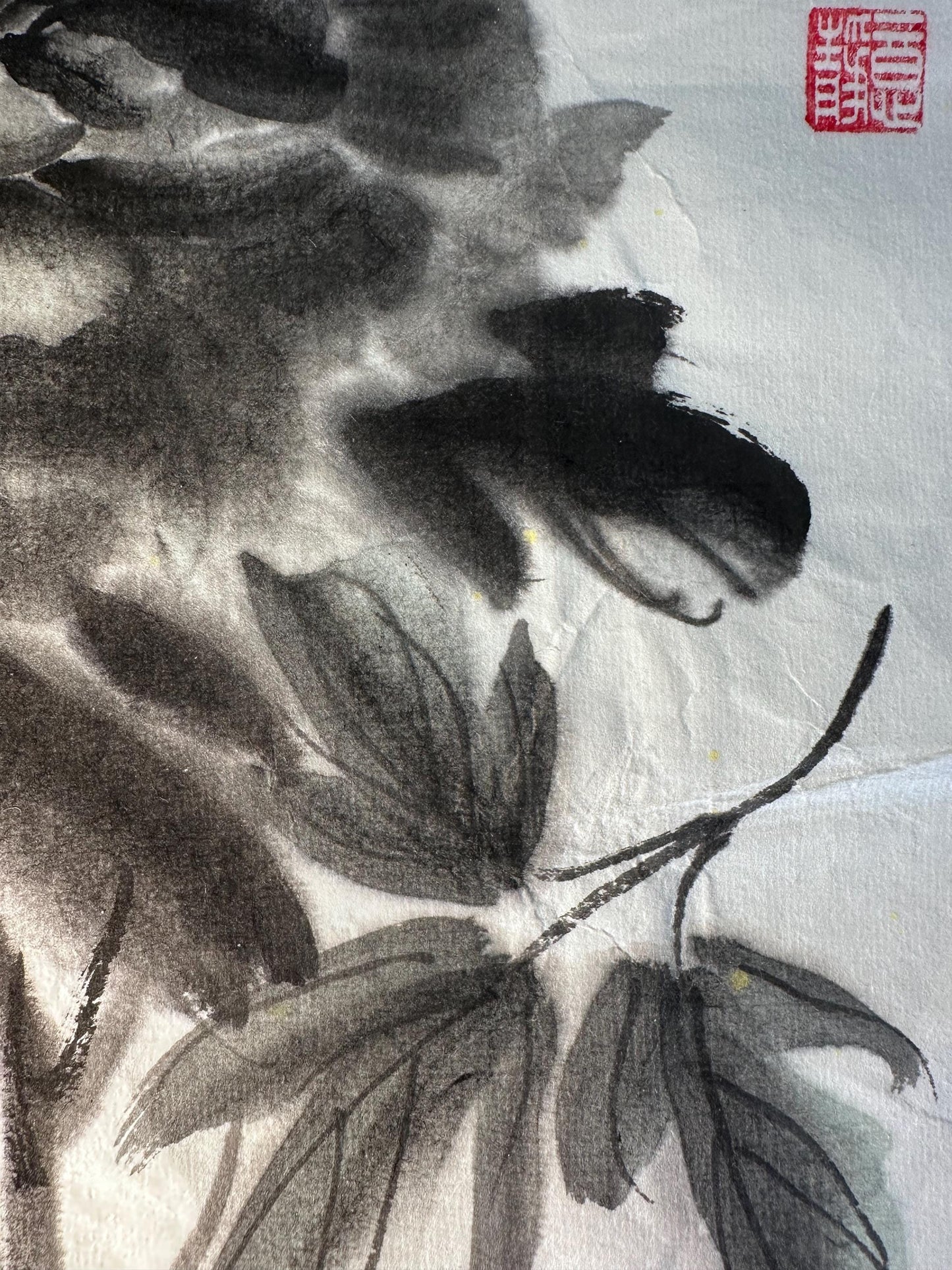 Original Chinese Ink Flower Painting, Hand Painted Floral Study on Rice Paper, Square Black Ink Wall Art, 13 x 13 Inches
