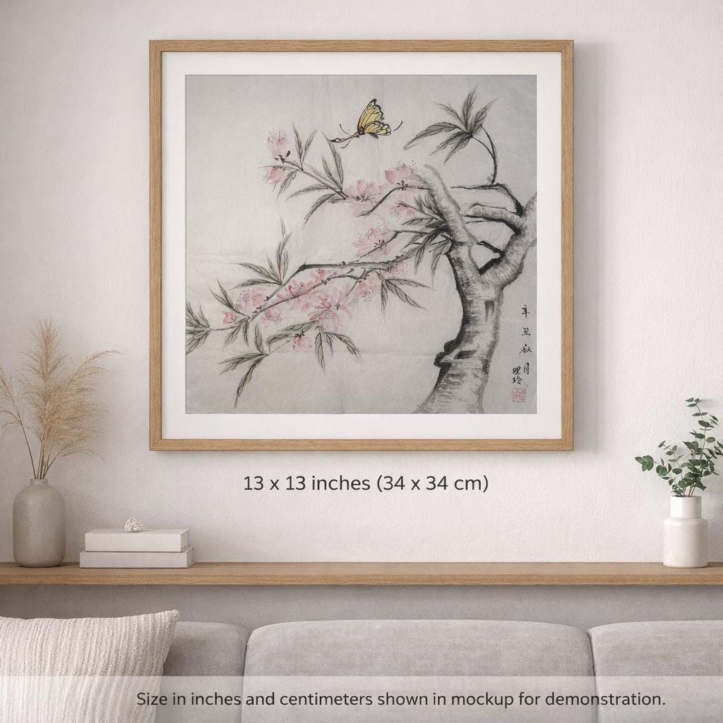 Framed flower with butterfly Chinese ink painting displayed as Eastern wall art in a calm interior