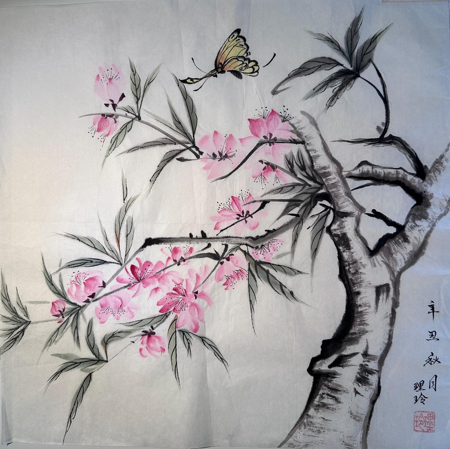 Original Chinese Ink Flower Painting with Butterfly, Hand Painted Floral Study on Rice Paper, Square Wall Art, 13 x 13 Inches