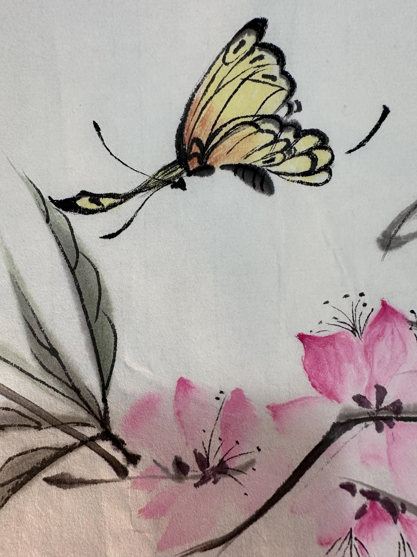 Original Chinese Ink Flower Painting with Butterfly, Hand Painted Floral Study on Rice Paper, Square Wall Art, 13 x 13 Inches