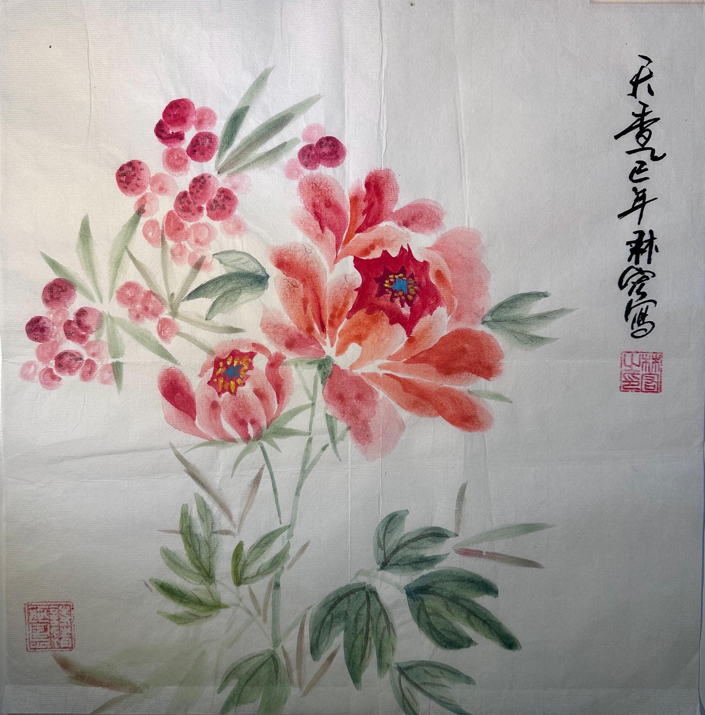 Framed Heavenly Fragrance peony flower Chinese ink painting displayed as Eastern wall art in a calm interior