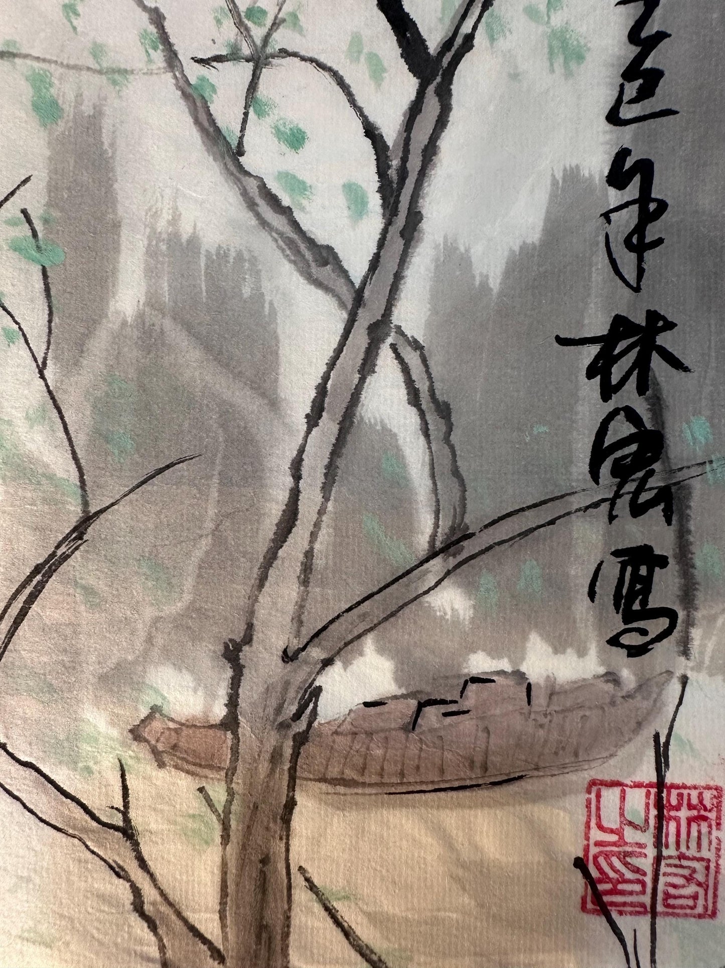 Original Chinese Ink Landscape Painting “Spring Morning”, Hand Painted Riverside Village Scene on Rice Paper, Square Format, 13 × 13 Inches