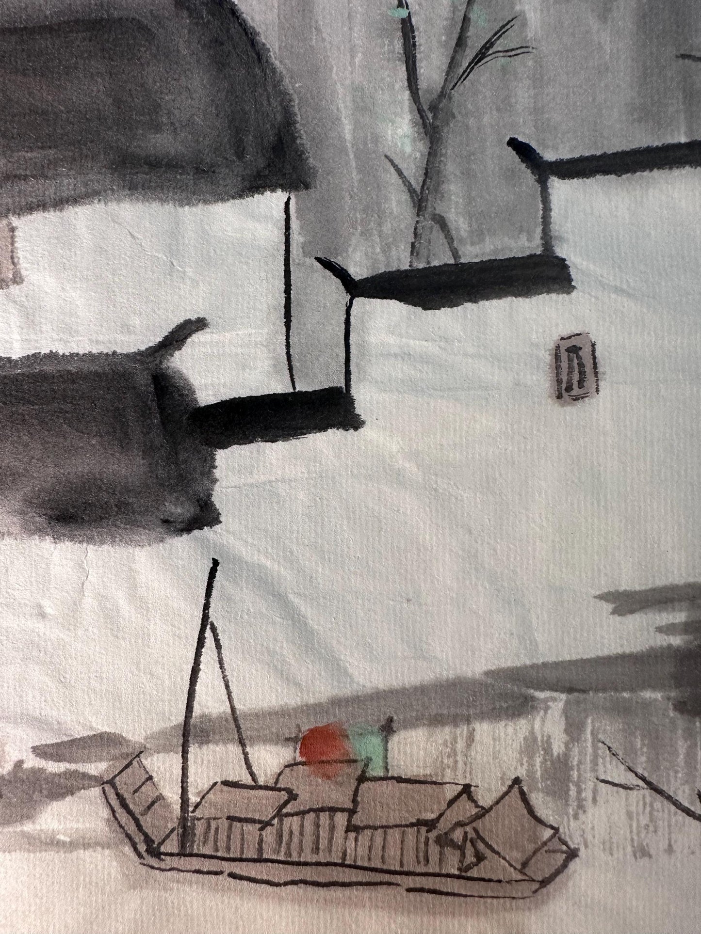 Original Chinese Ink Landscape Painting “Spring Morning”, Hand Painted Riverside Village Scene on Rice Paper, Square Format, 13 × 13 Inches