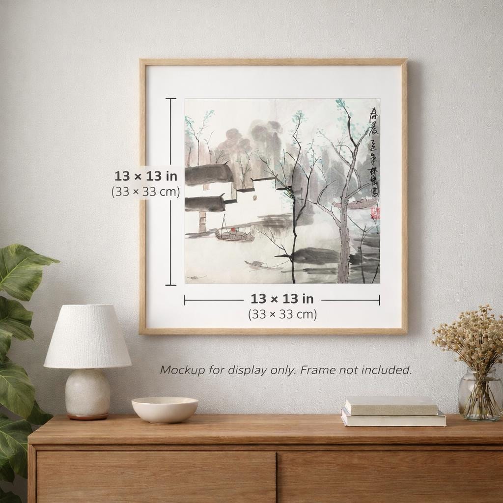 Original Chinese Ink Landscape Painting “Spring Morning”, Hand Painted Riverside Village Scene on Rice Paper, Square Format, 13 × 13 Inches