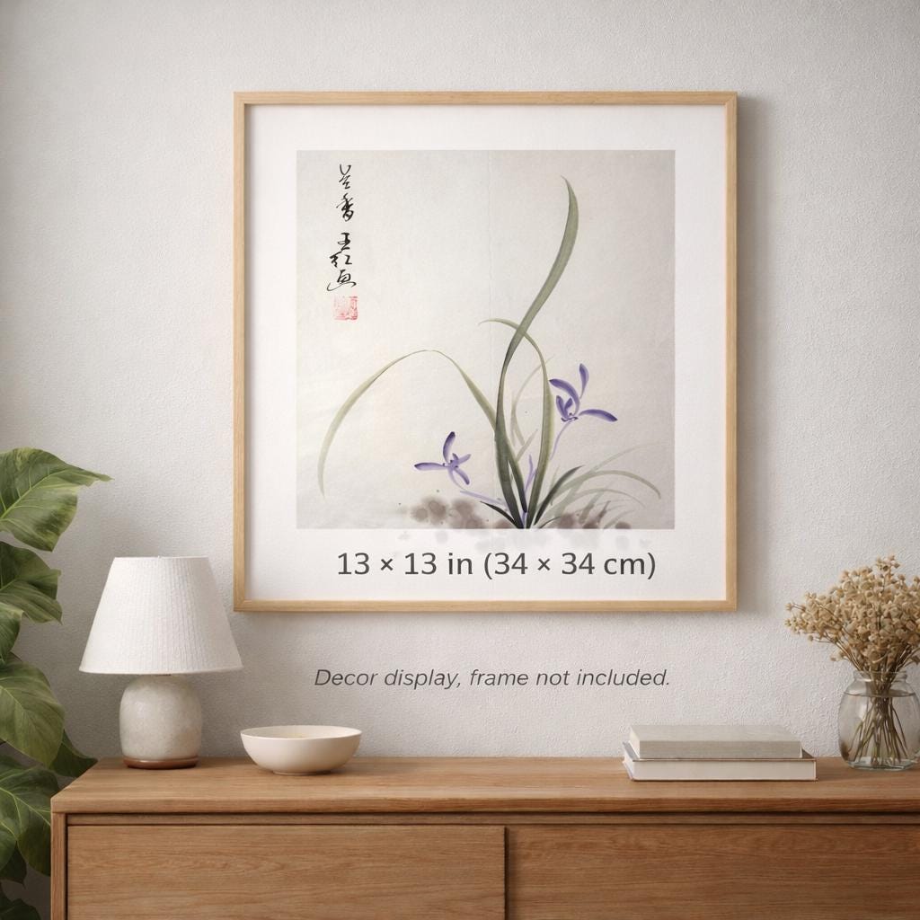 Original Chinese Ink Flower Painting “Orchid Fragrance”, Elegant Orchid on Rice Paper, Square Format, 13 × 13 Inches