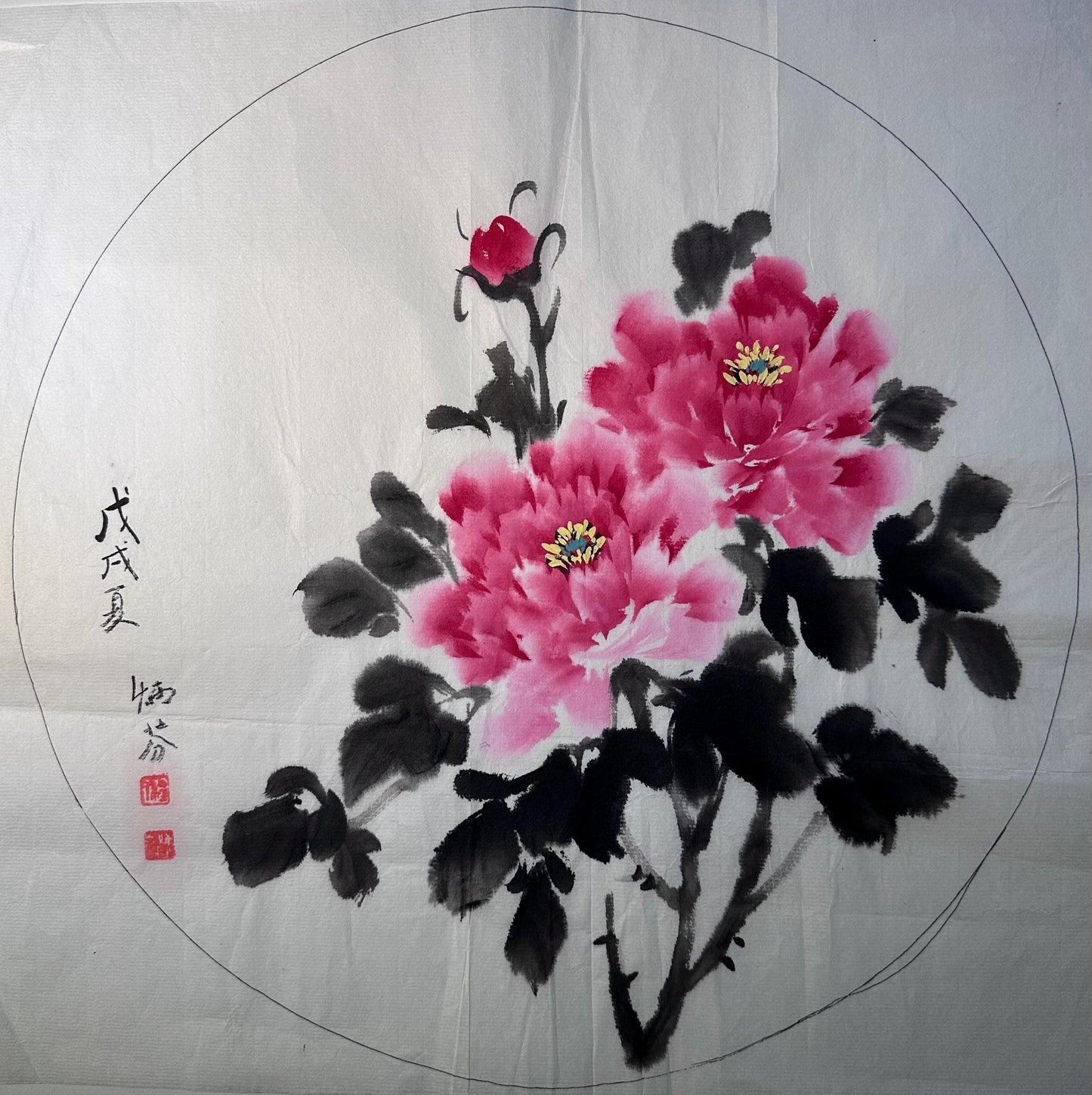 Framed peony flower Chinese ink painting displayed as Eastern wall art in a calm interior