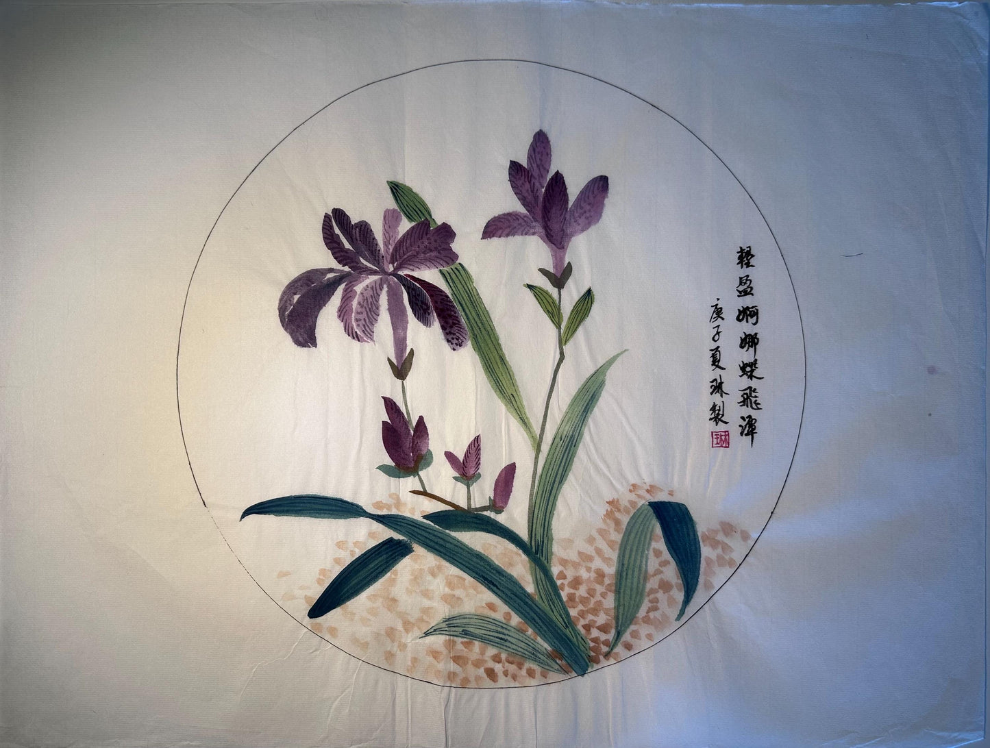 Original Chinese Ink Orchid Painting, Round Composition on Square Paper, Hand Painted Floral Wall Art, Unframed