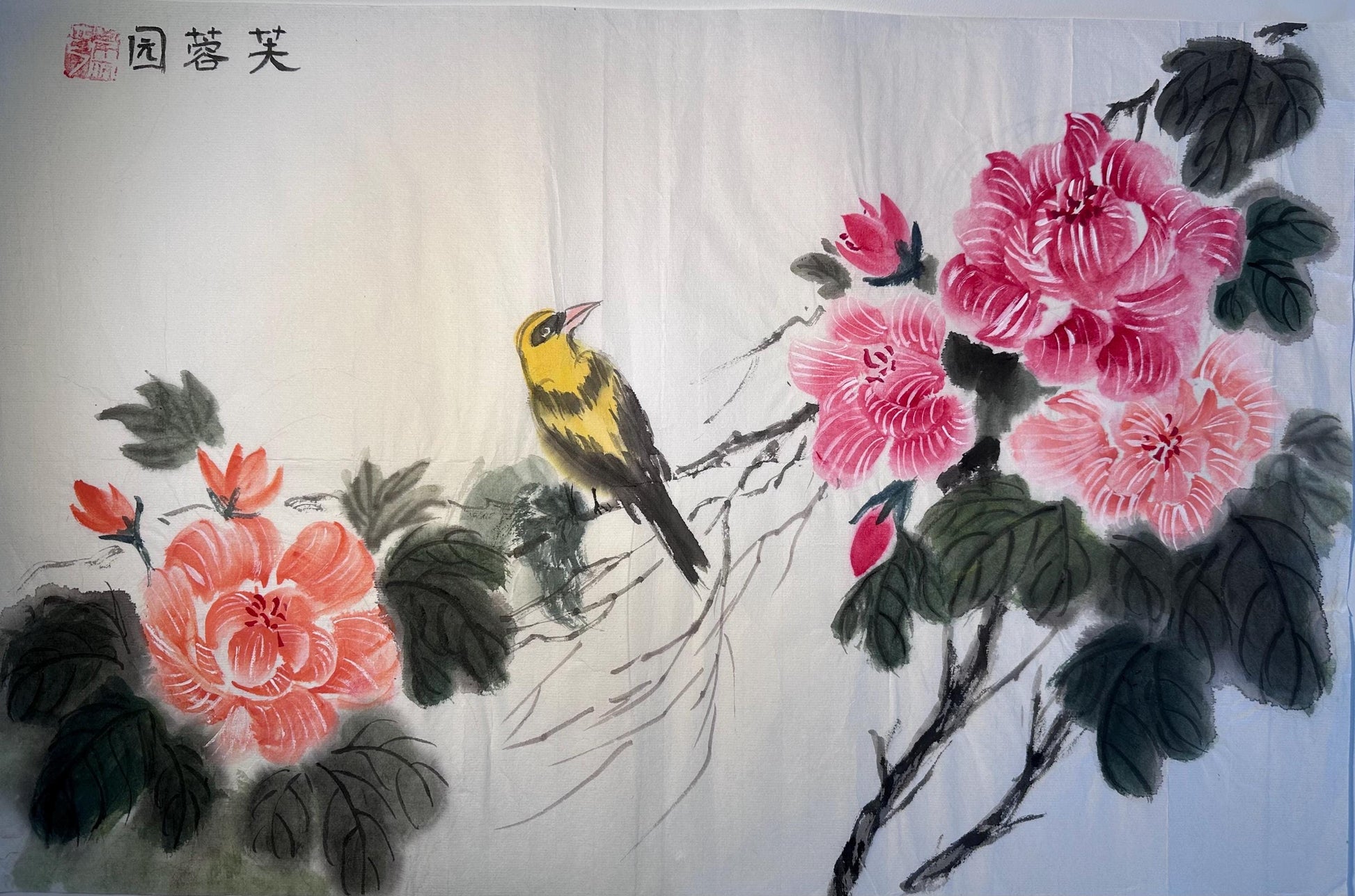 Unframed rice paper artwork display and shipping information for Nestlioo bird and peony Chinese ink painting