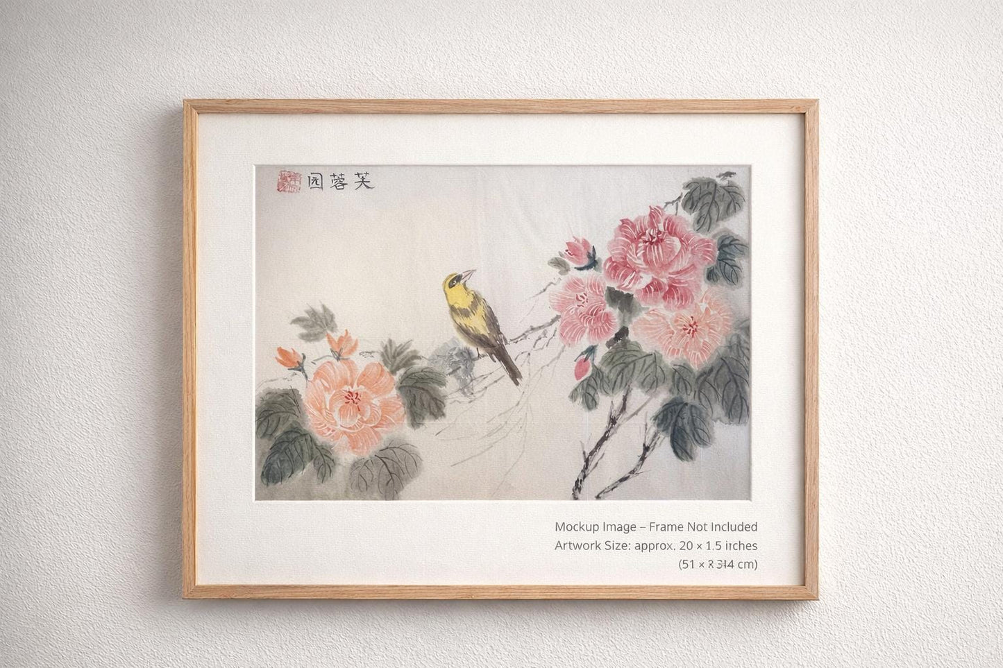 Original Chinese Ink Bird and Peony Painting, Hand Painted Floral Wall Art on Rice Paper, 20 × 13 Inches