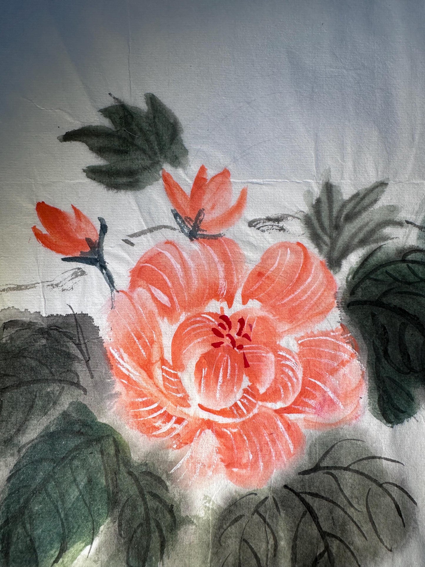 Original Chinese Ink Bird and Peony Painting, Hand Painted Floral Wall Art on Rice Paper, 20 × 13 Inches