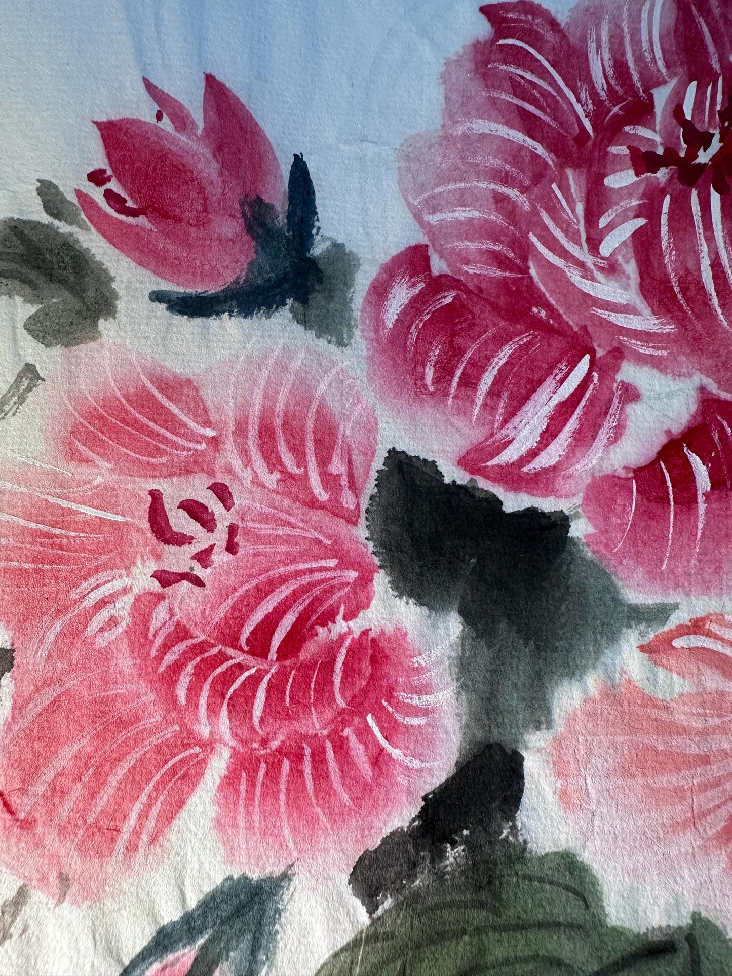 Original Chinese Ink Bird and Peony Painting, Hand Painted Floral Wall Art on Rice Paper, 20 × 13 Inches
