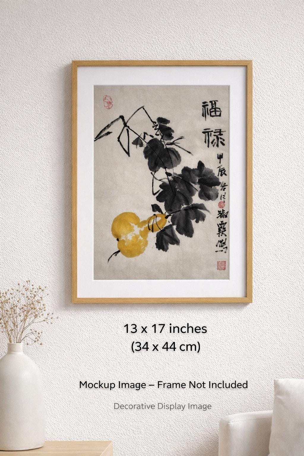 Original Chinese Ink Gourd Painting “Fortune and Blessings”, Hand Painted Symbolic Wall Art on Rice Paper, 13 x 17 Inches