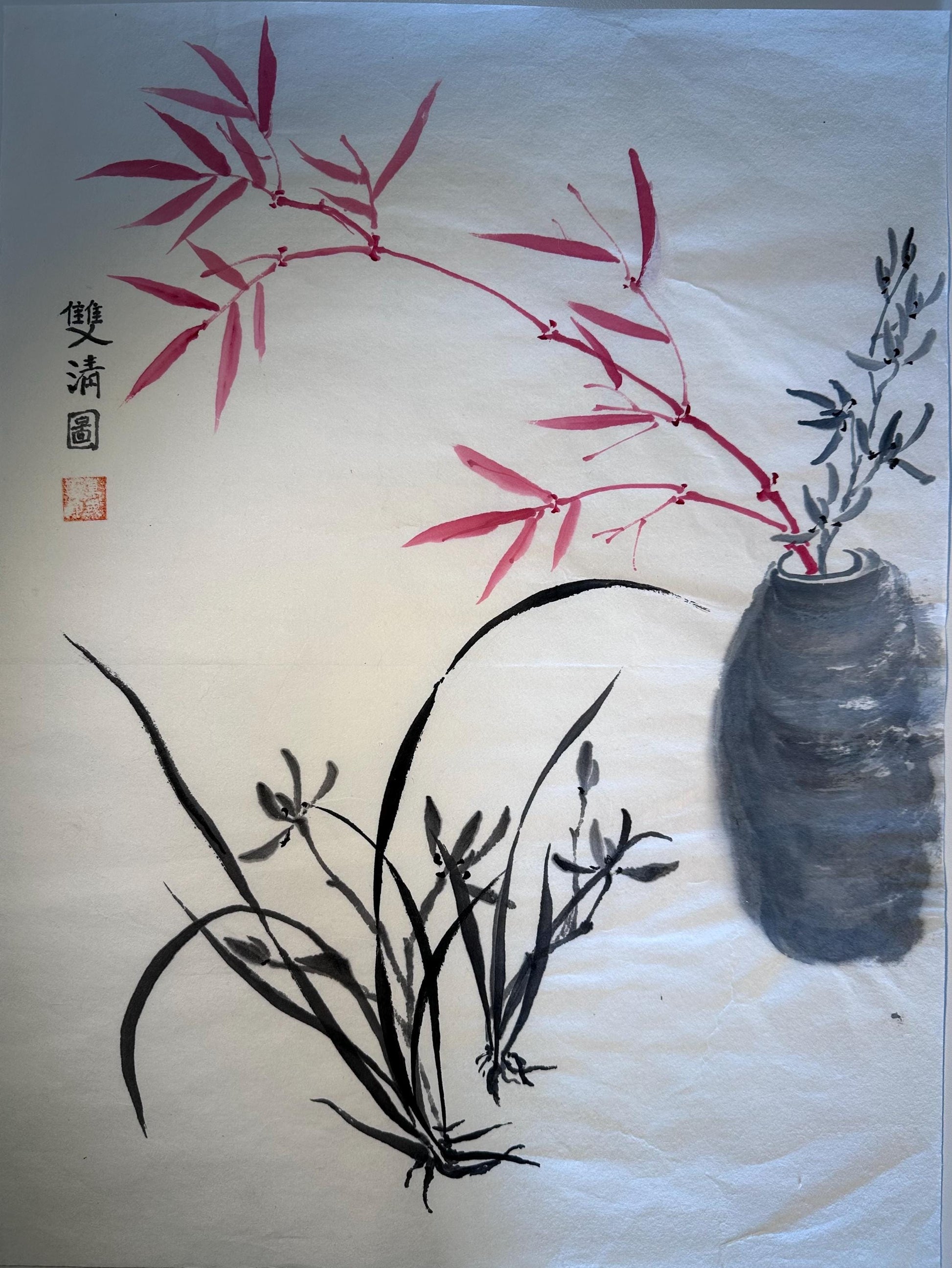 Unframed rice paper artwork display and shipping information for Nestlioo Double Purity vase and bamboo Chinese ink painting