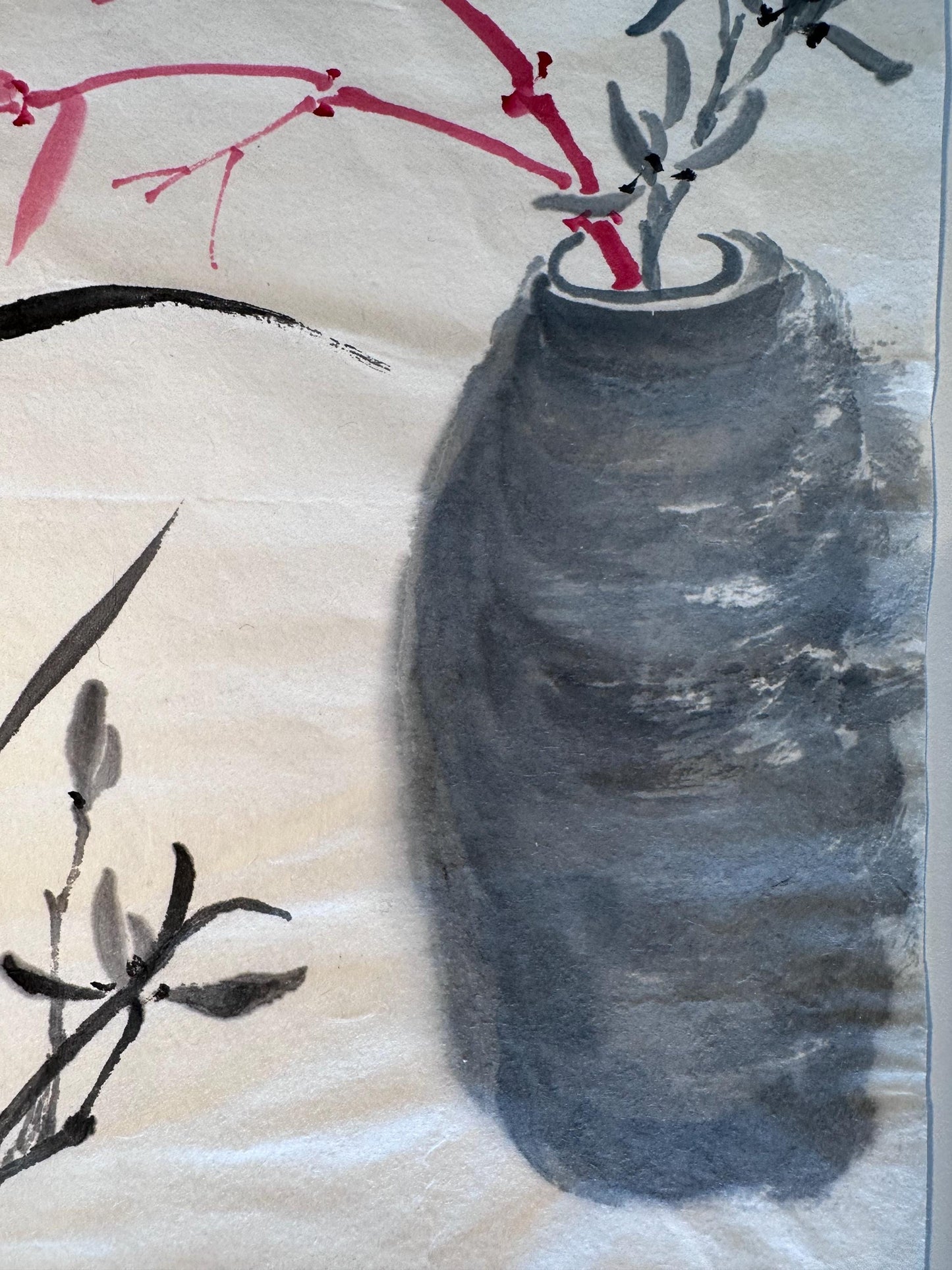 Original Chinese Ink Painting “Double Purity”, Bamboo in Vase and Orchid, Hand Painted Floral Wall Art on Rice Paper, 13 x 18 Inches