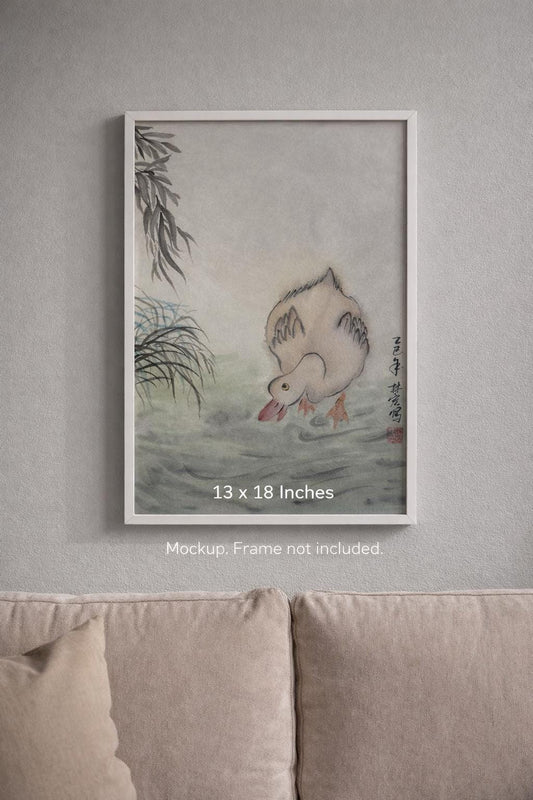 Original Chinese Ink Duck Painting, Hand Painted Waterfowl Marsh Scene on Rice Paper, 13 x 18 Inches