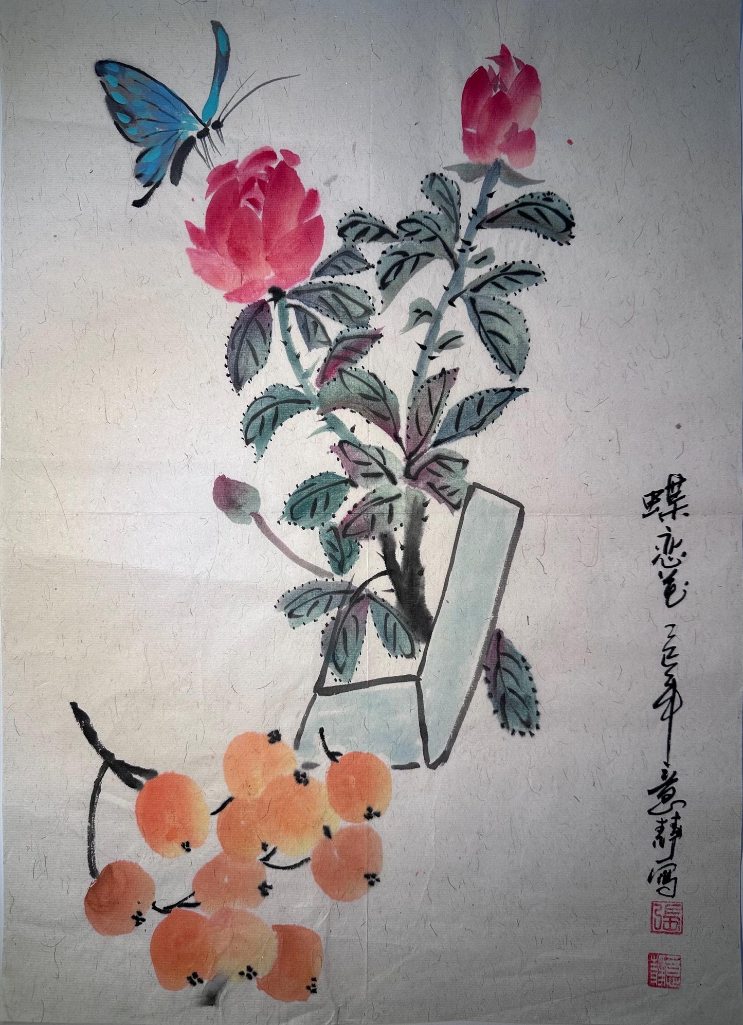 Unframed rice paper artwork display and shipping information for Nestlioo Butterfly in Love with Flowers floral Chinese ink painting