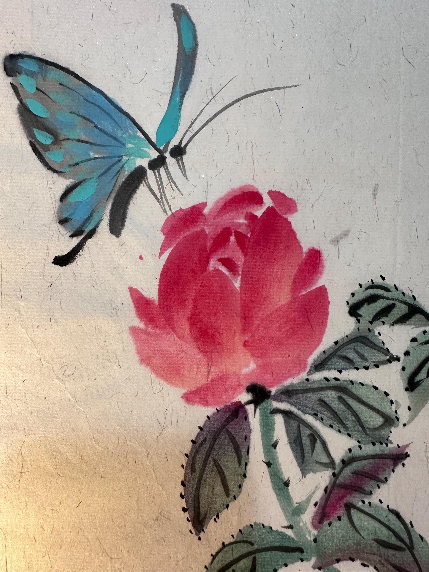 Original Chinese Ink Painting “Butterfly in Love with Flowers”, Hand Painted Floral & Butterfly Art on Rice Paper, 13 x 18 Inches