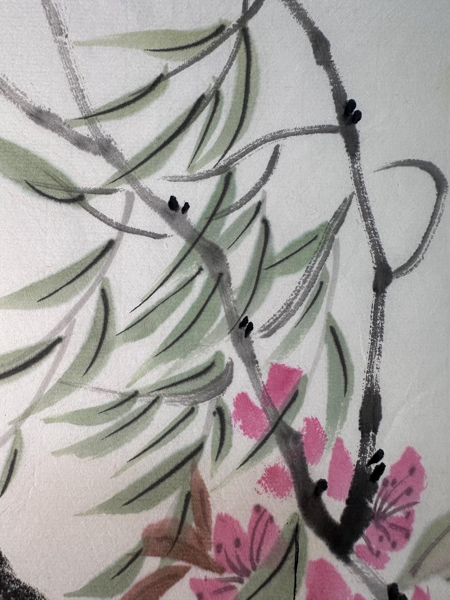 Original Chinese Ink Bird Painting “Auspicious Harmony”, Hand Painted Floral Wall Art on Rice Paper, 11 x 18 Inches
