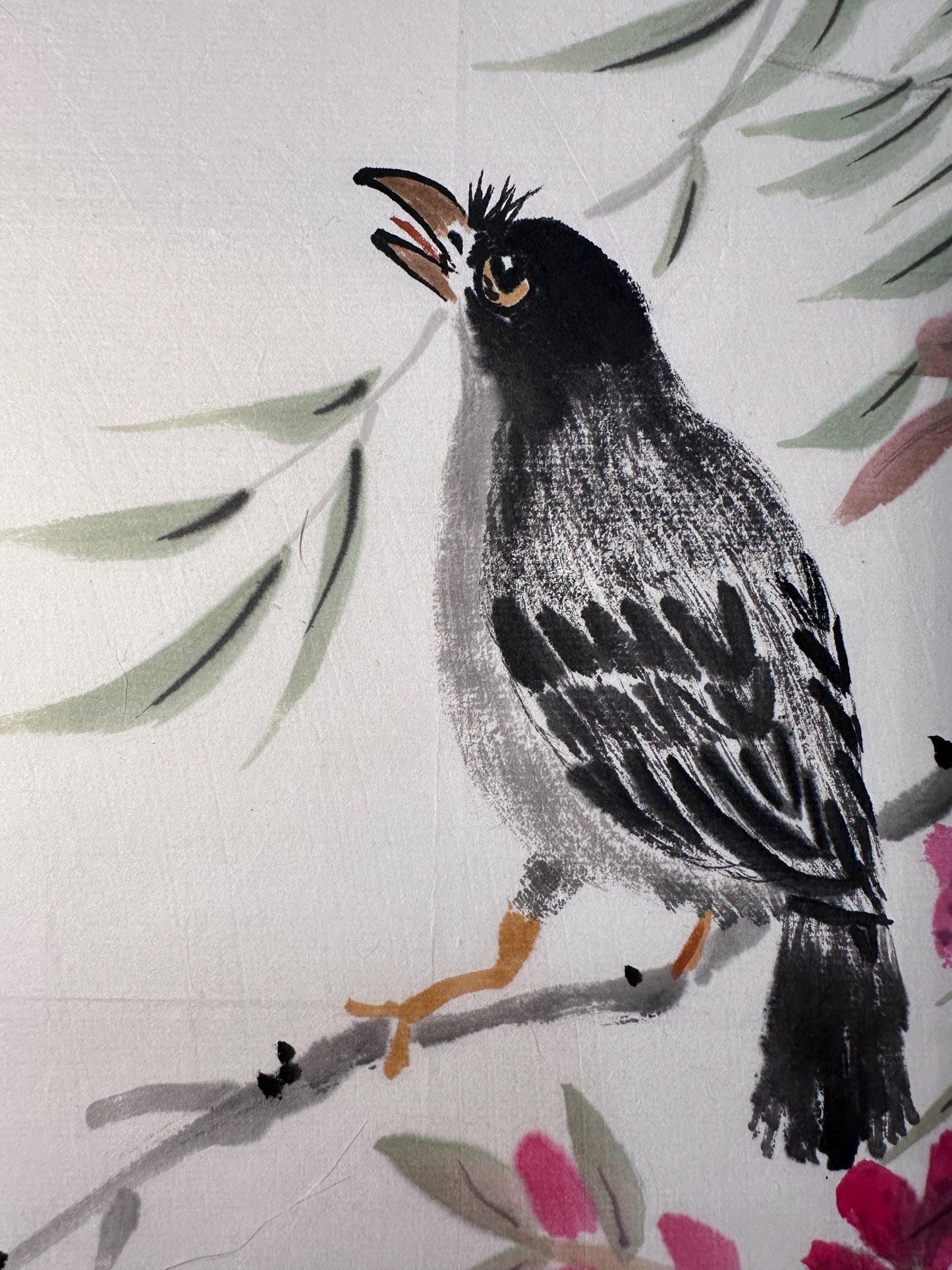 Original Chinese Ink Bird Painting “Auspicious Harmony”, Hand Painted Floral Wall Art on Rice Paper, 11 x 18 Inches