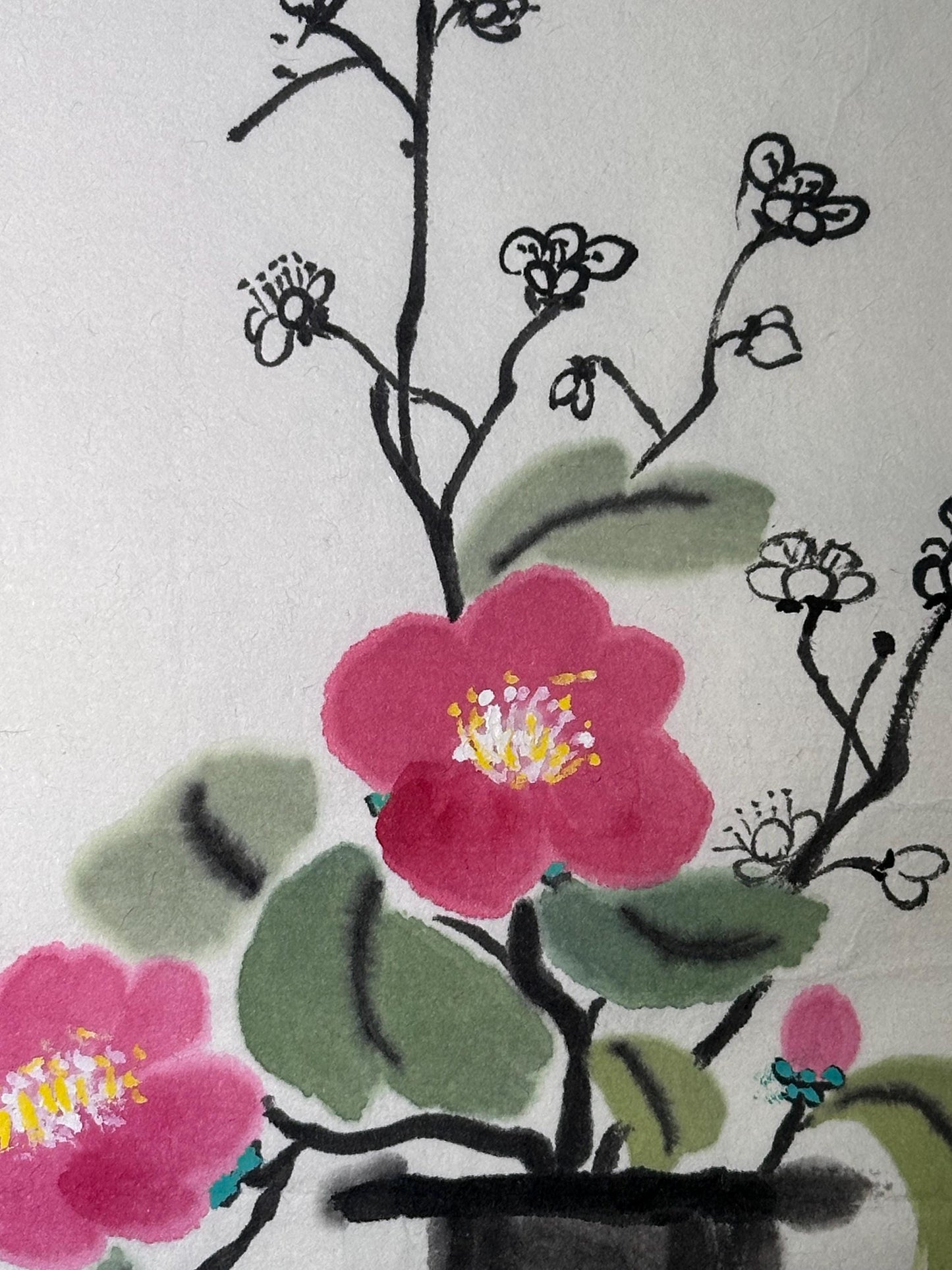 Original Chinese Ink Floral Vase Painting, Hand Painted Still Life Wall Art on Rice Paper, 10 x 13 Inches