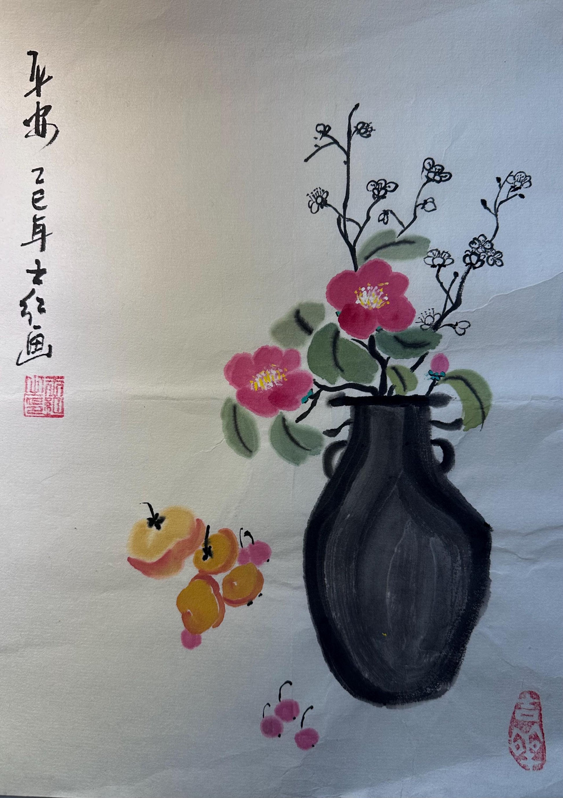 Framed floral vase Chinese ink painting displayed as Eastern wall art in a calm interior