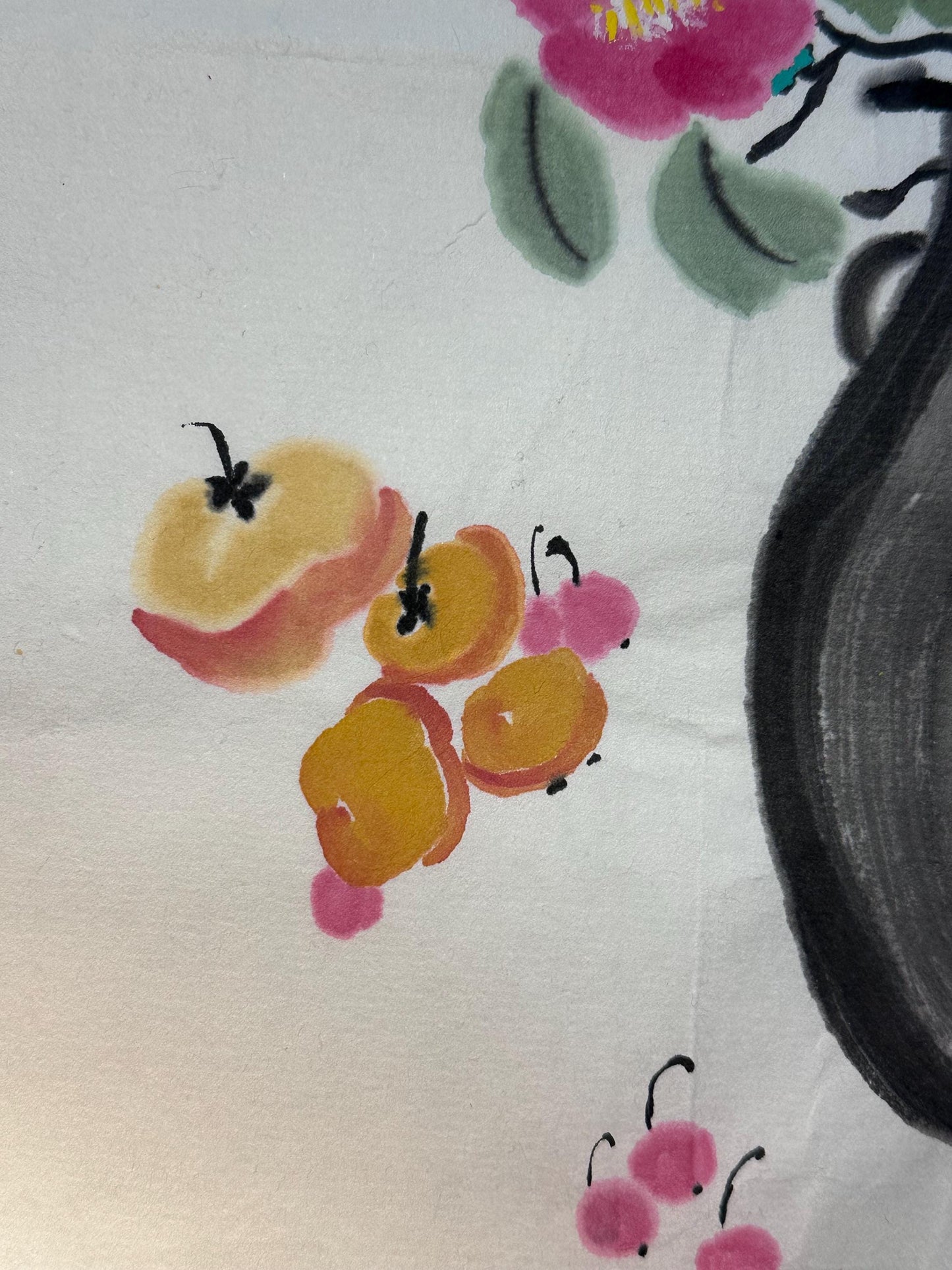 Original Chinese Ink Floral Vase Painting, Hand Painted Still Life Wall Art on Rice Paper, 10 x 13 Inches