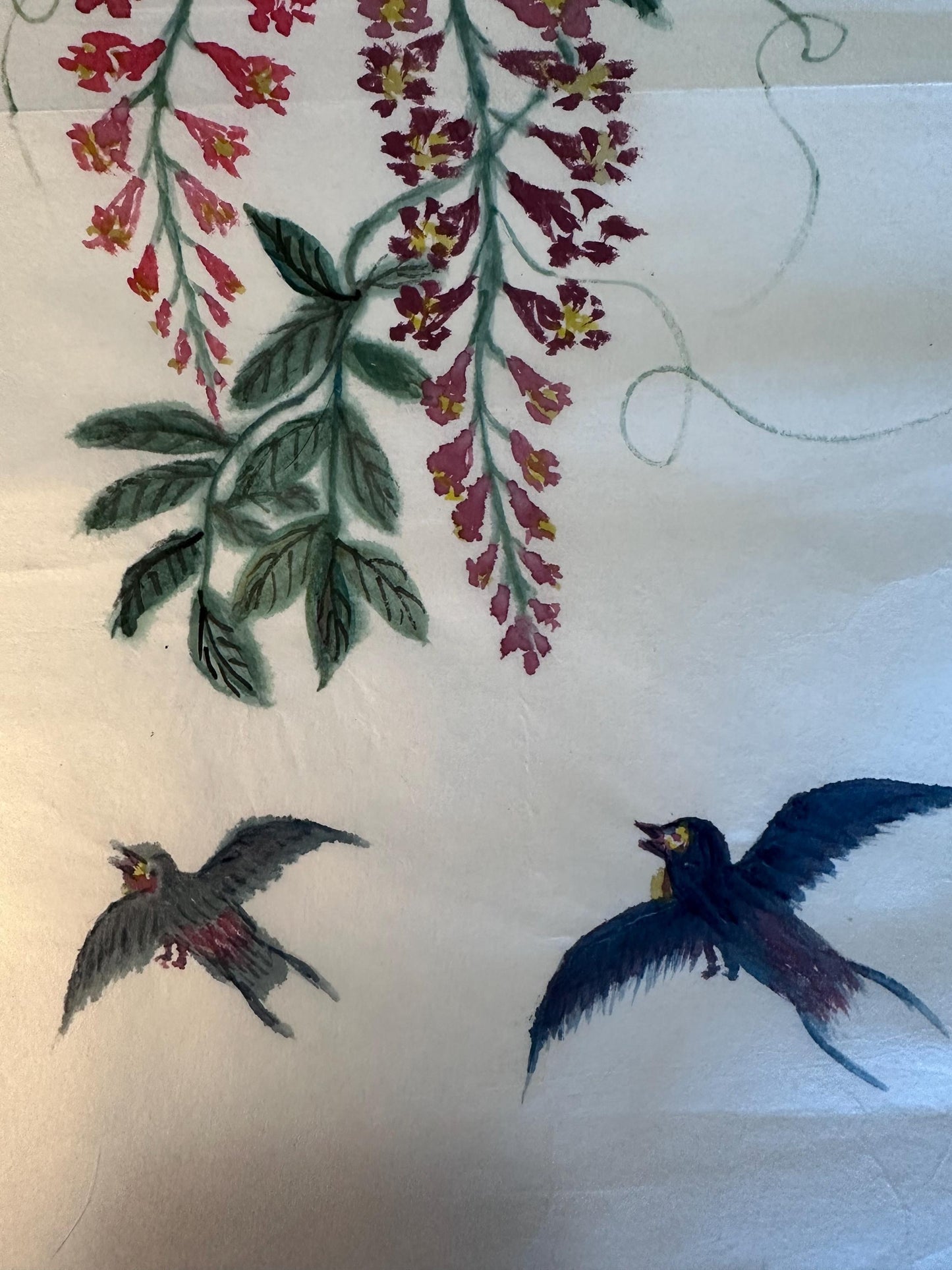 Original Chinese Ink Wisteria and Swallow Painting, Hand Painted “Tian Xiang” Floral Bird Artwork on Rice Paper, 12 × 19 Inches