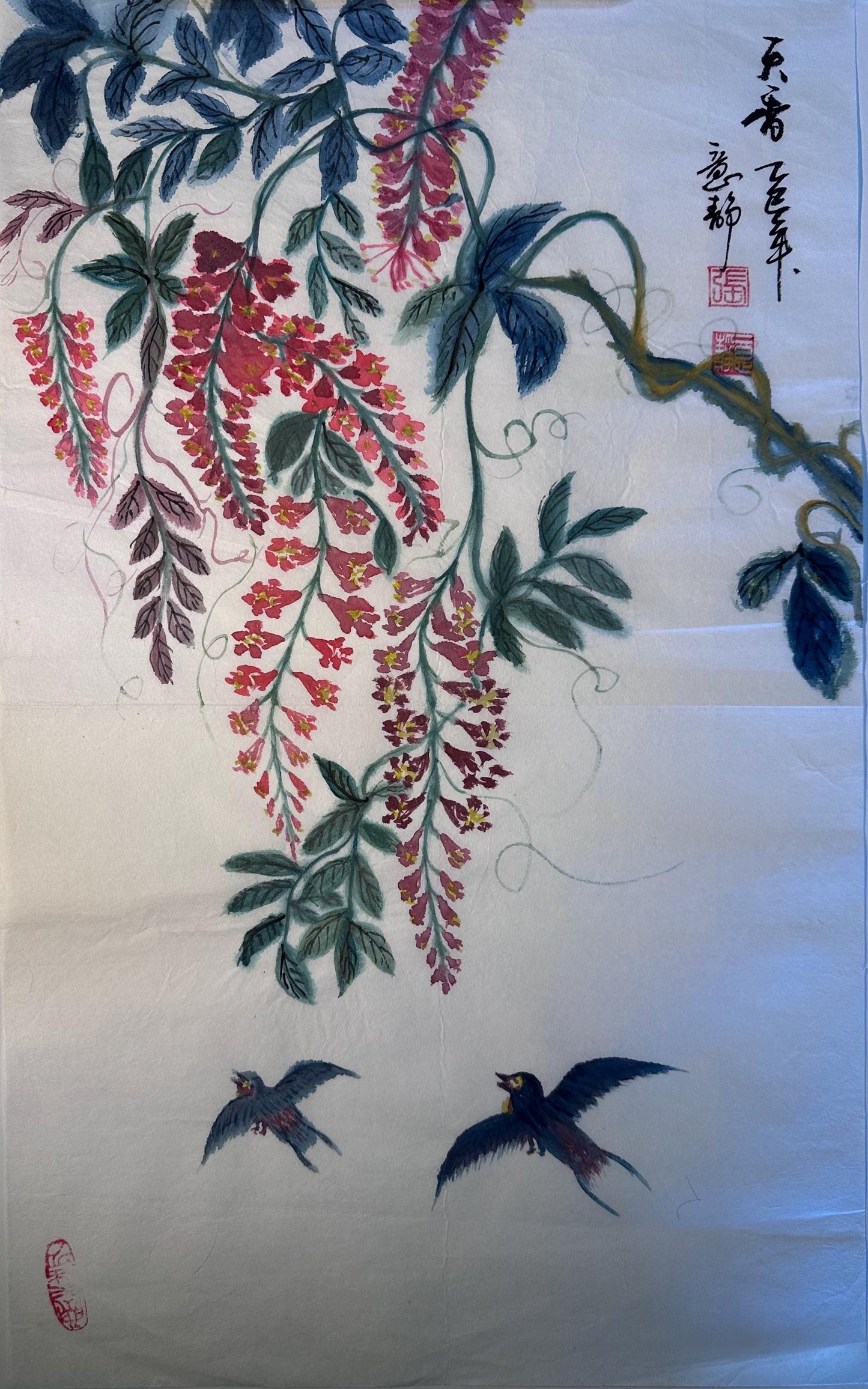 Original Chinese Ink Wisteria and Swallow Painting, Hand Painted “Tian Xiang” Floral Bird Artwork on Rice Paper, 12 × 19 Inches