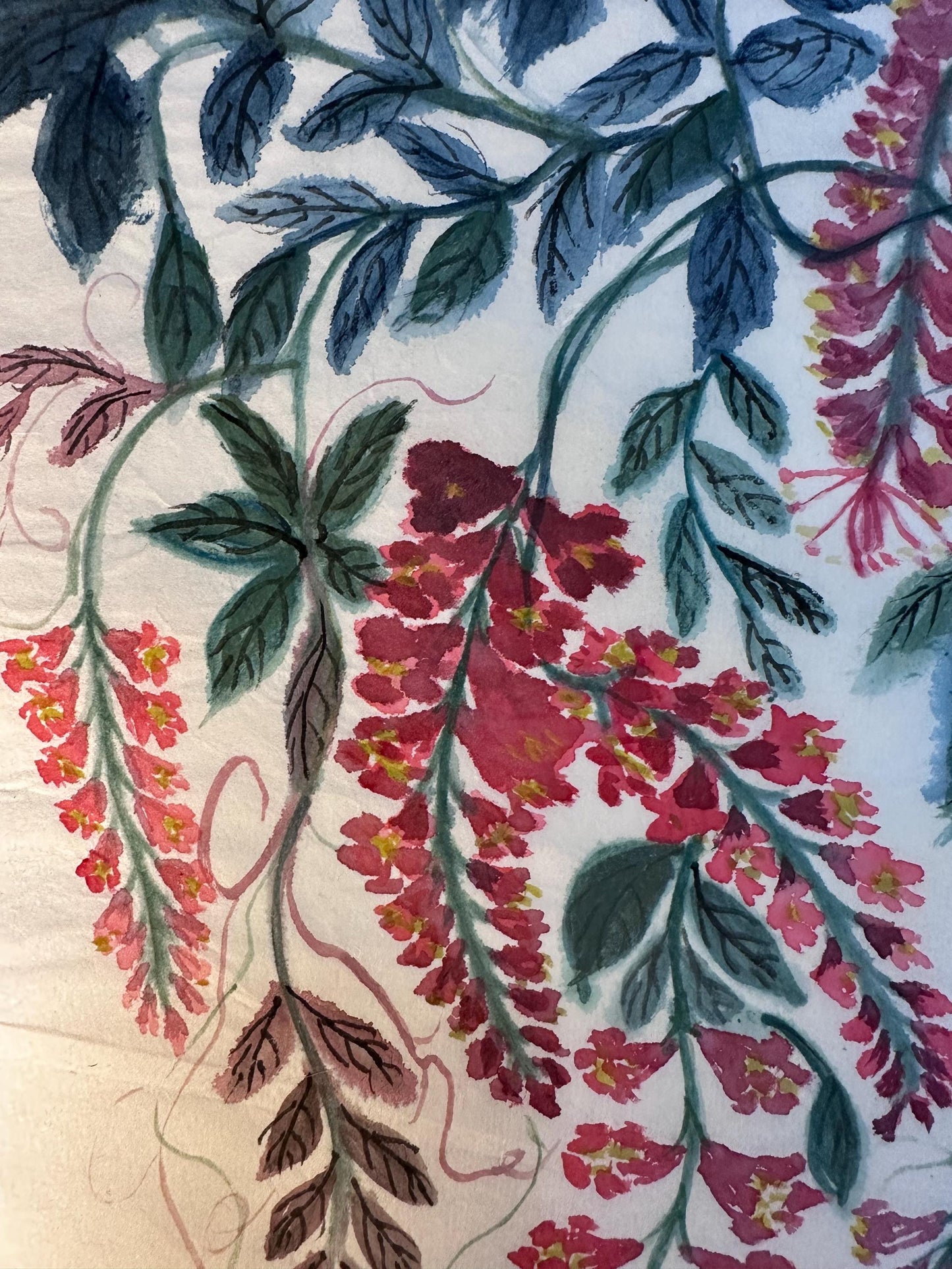 Original Chinese Ink Wisteria and Swallow Painting, Hand Painted “Tian Xiang” Floral Bird Artwork on Rice Paper, 12 × 19 Inches
