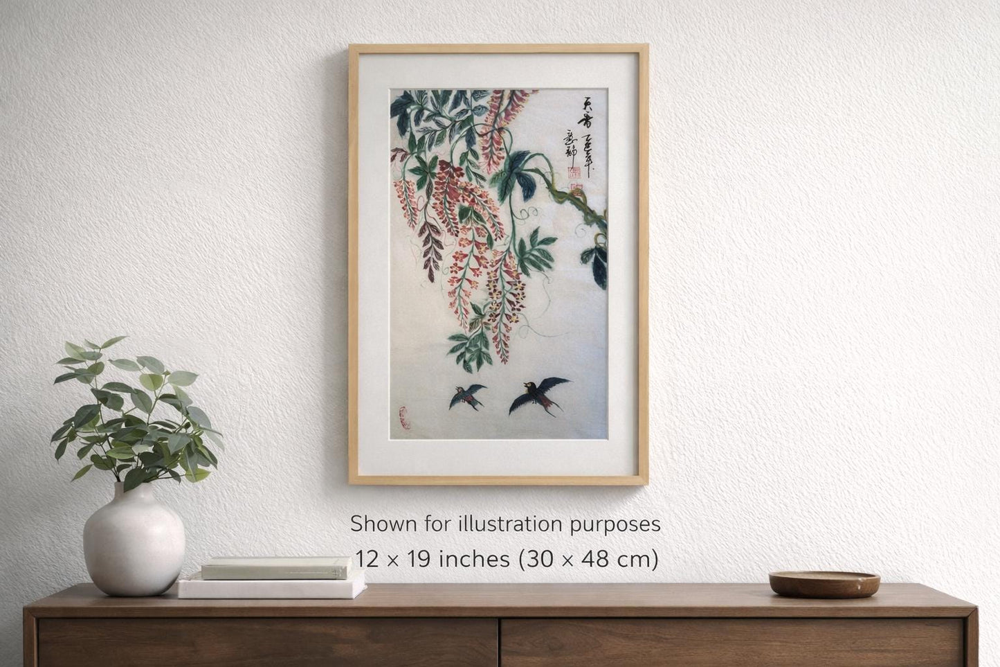 Original Chinese Ink Wisteria and Swallow Painting, Hand Painted “Tian Xiang” Floral Bird Artwork on Rice Paper, 12 × 19 Inches
