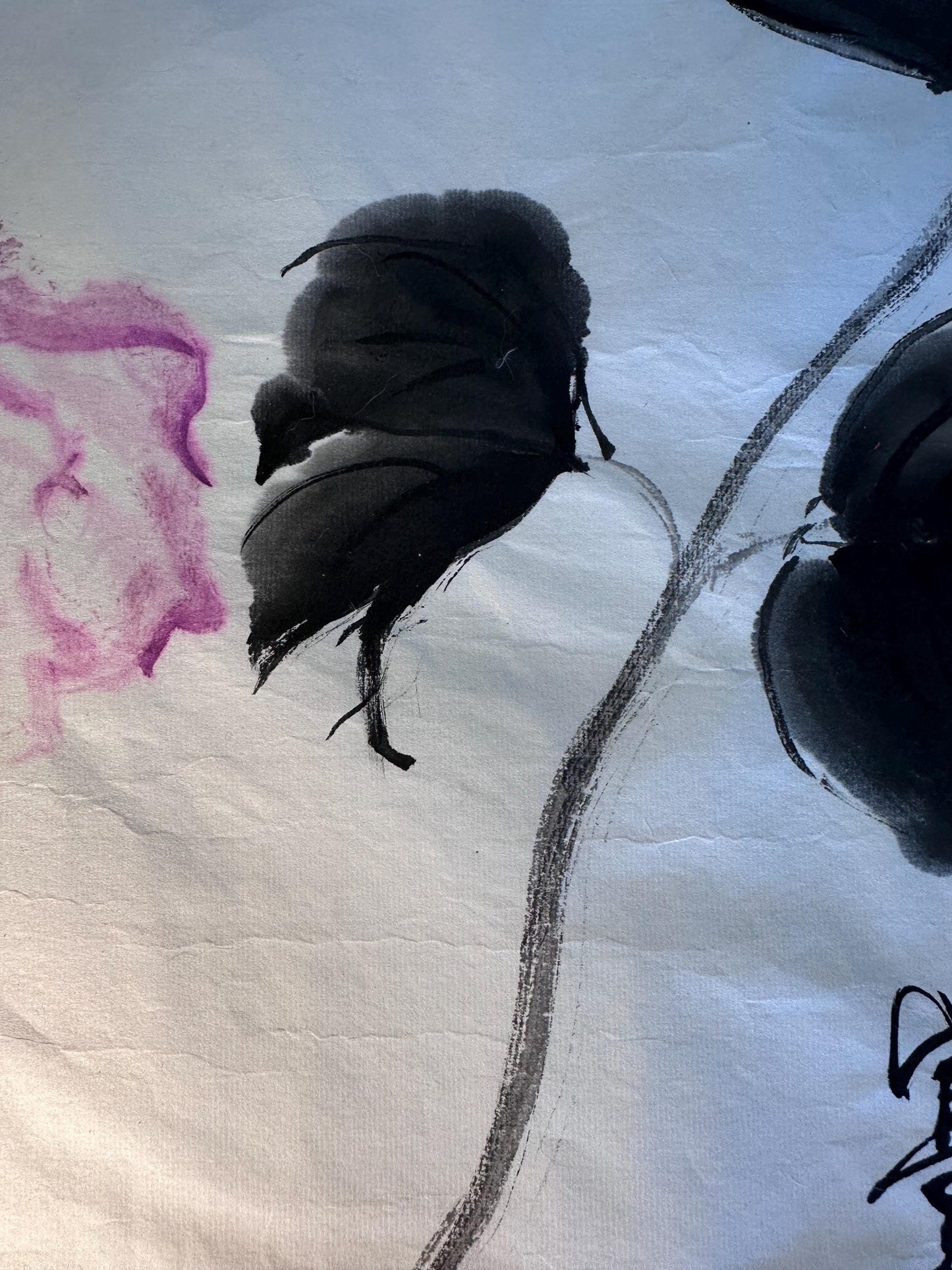 Original Chinese Ink Peony Style Painting, “Fu Gui Ji Xiang” Prosperity Floral Art on Rice Paper, 19 x 17 Inches