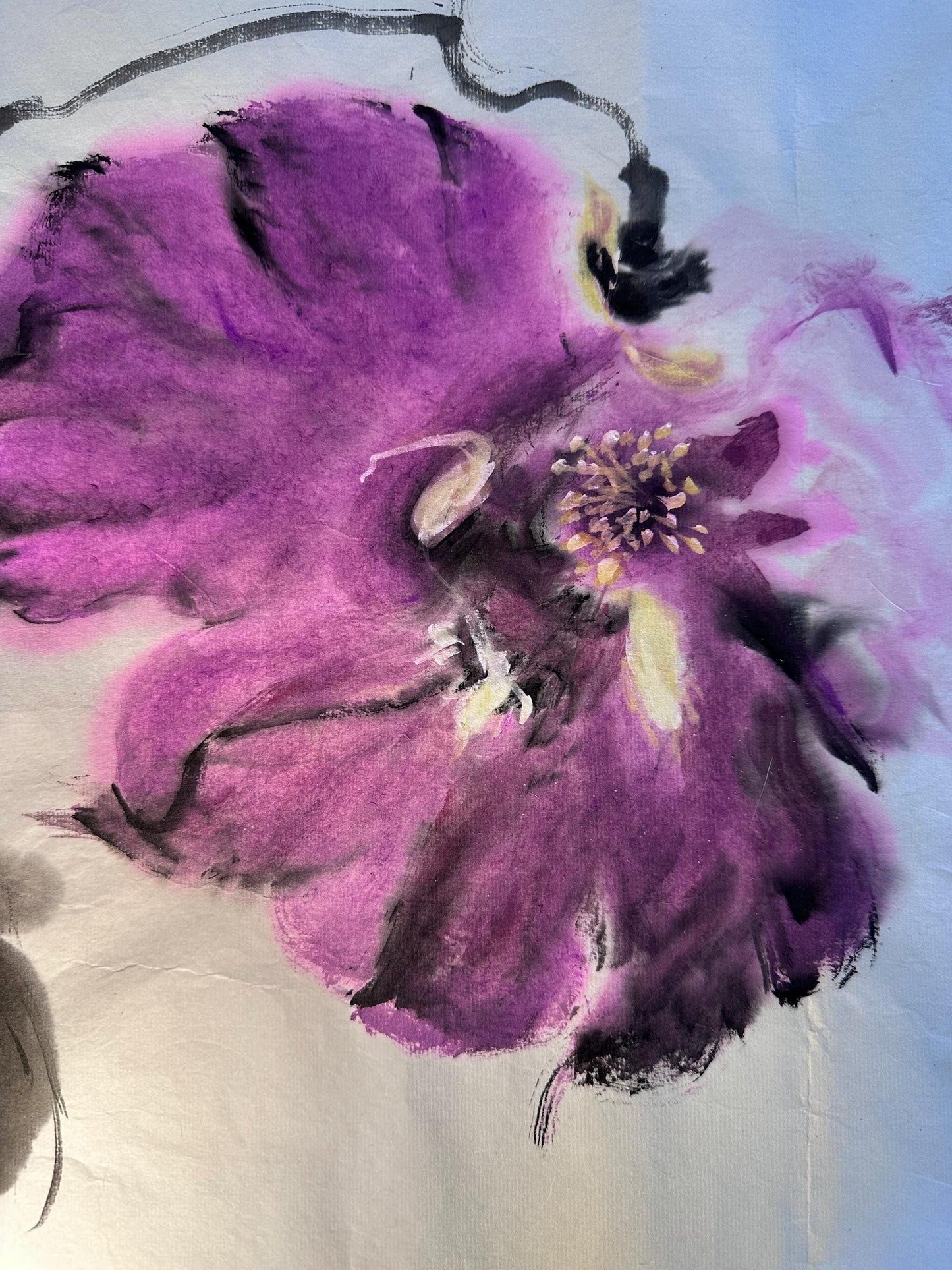 Original Chinese Ink Peony Style Painting, “Fu Gui Ji Xiang” Prosperity Floral Art on Rice Paper, 19 x 17 Inches