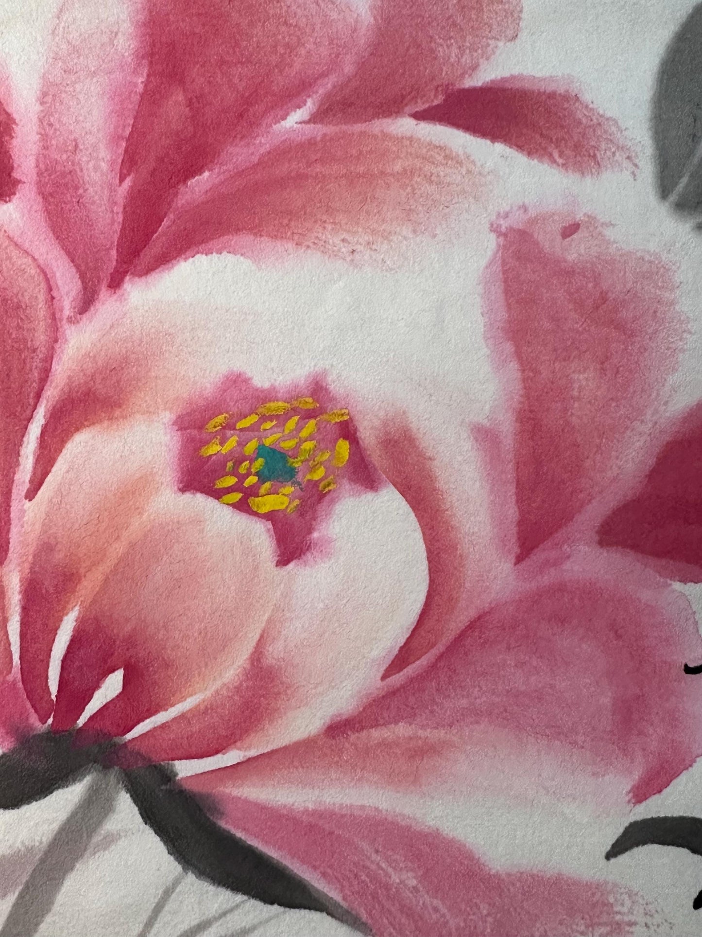 Original Chinese Ink Floral Painting, Hand Painted Pink Blossom on Rice Paper, Spring Flower Wall Art, 10 × 13 Inches