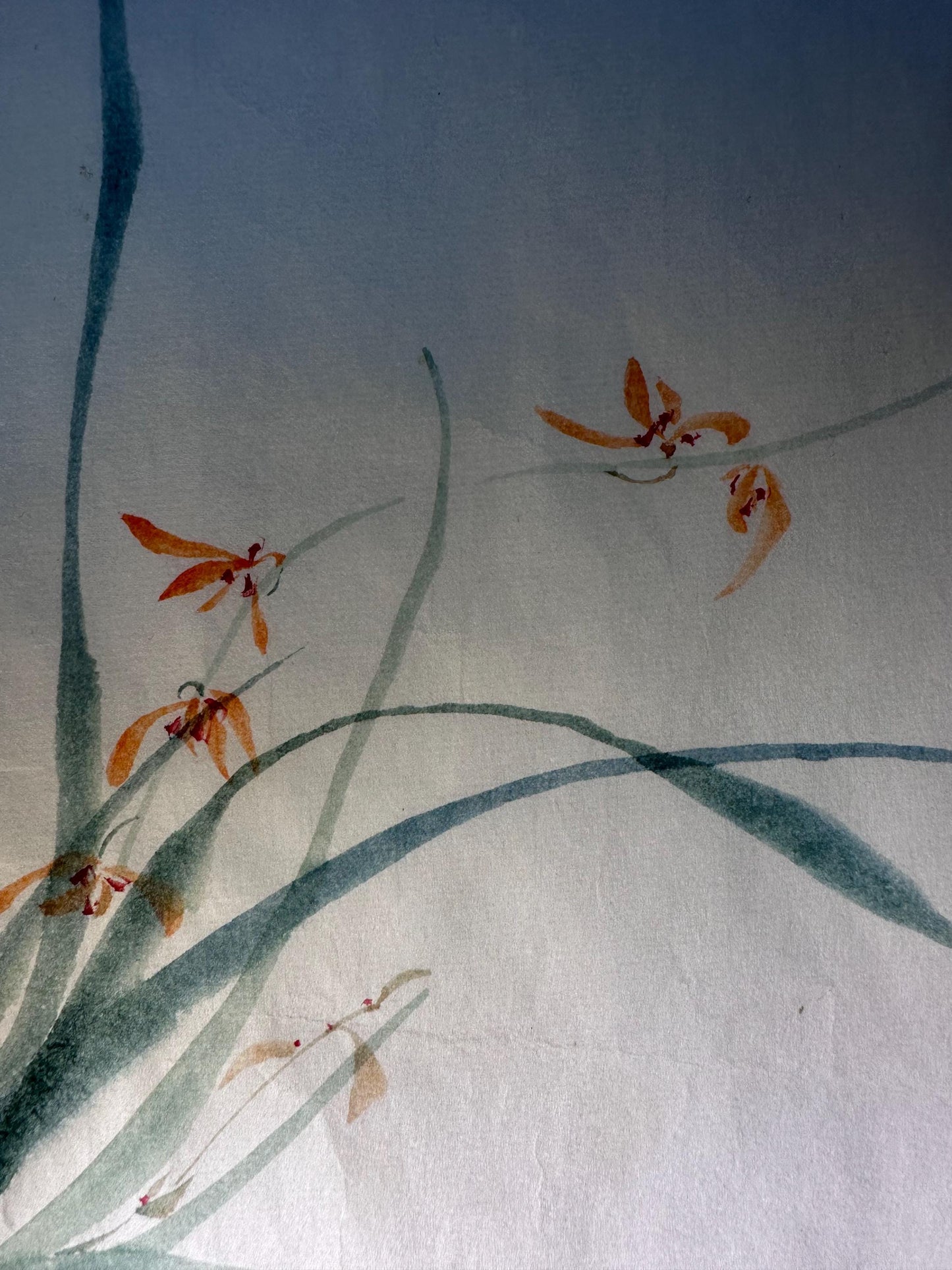 Original Chinese Ink Orchid Painting, “Reflected Orchid by Water”, Hand Painted Floral Art on Rice Paper, Square Wall Art, 13 × 13 Inches