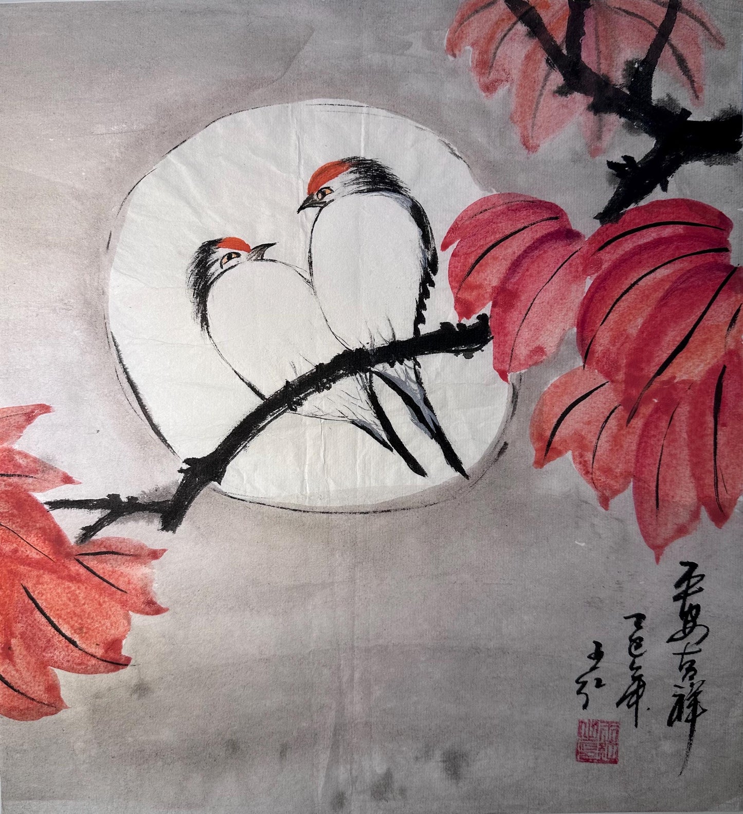 Original Chinese Ink Painting “Peace and Blessing”, Two Birds under the Moon, Hand Painted Art on Rice Paper, 12 x 13 Inches