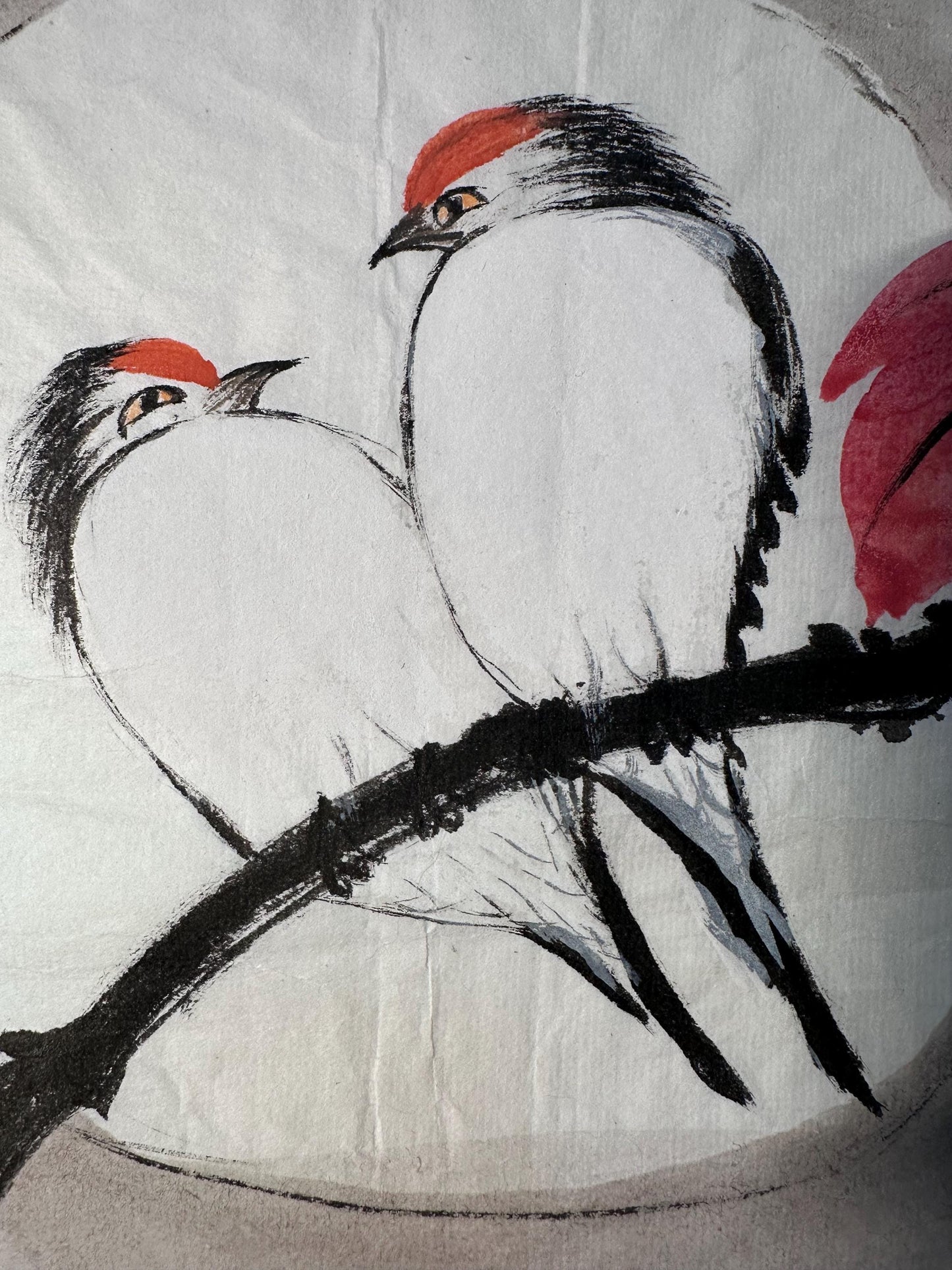 Original Chinese Ink Painting “Peace and Blessing”, Two Birds under the Moon, Hand Painted Art on Rice Paper, 12 x 13 Inches