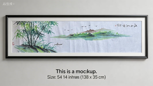 Original Chinese Landscape Ink Painting, “Rivers and Mountains Like a Painting”, Horizontal Wall Art, 54 x 14 Inches